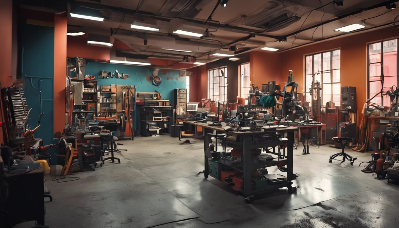 Interior of the creative studio,Displaying a variety of painting tools and technological equipment