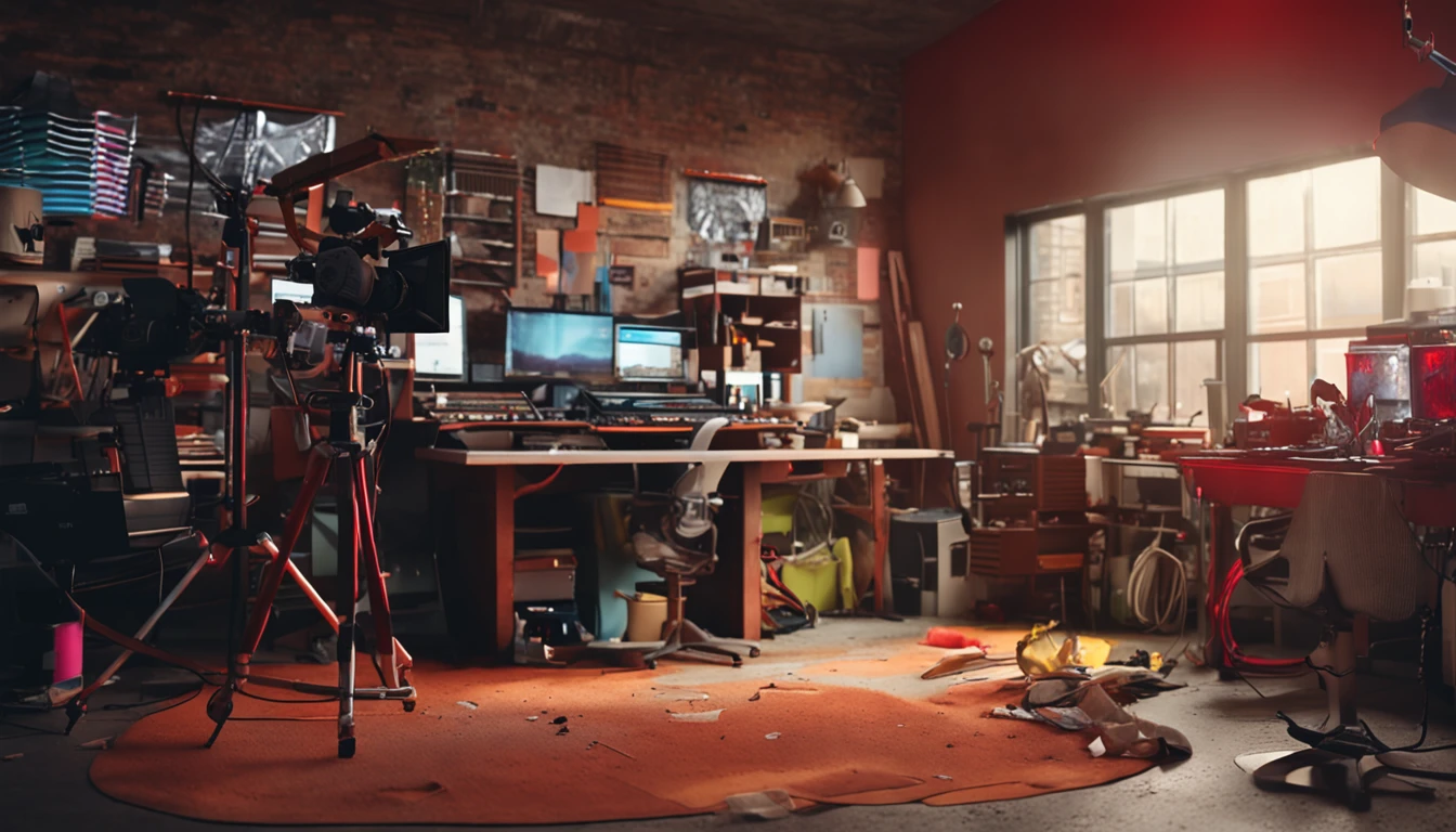 Interior of the creative studio，Displaying a variety of painting tools and technological equipment