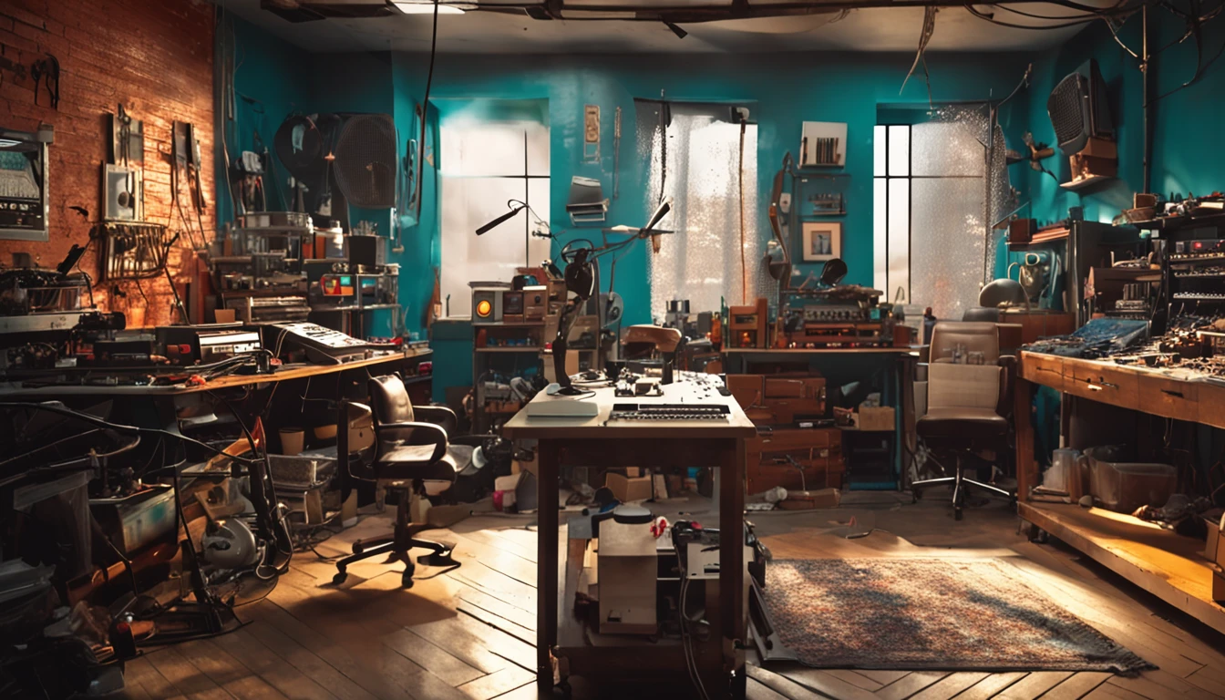 Interior of the creative studio，Displaying a variety of painting tools and technological equipment