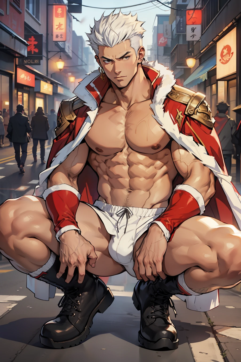 Highest image quality，male people，1 boy，Young and handsome，shoun，White color hair，Short flat top hair，Dark  skin，anime big breast，anime wallpaper，Solo，malefocus，Briefs，Dilation of the pectoral muscles，Red cape，Bulging crotch，Urban background，spread their legs，Sexy,(Masterpiece, Best quality),long white socks，Red Martin boots