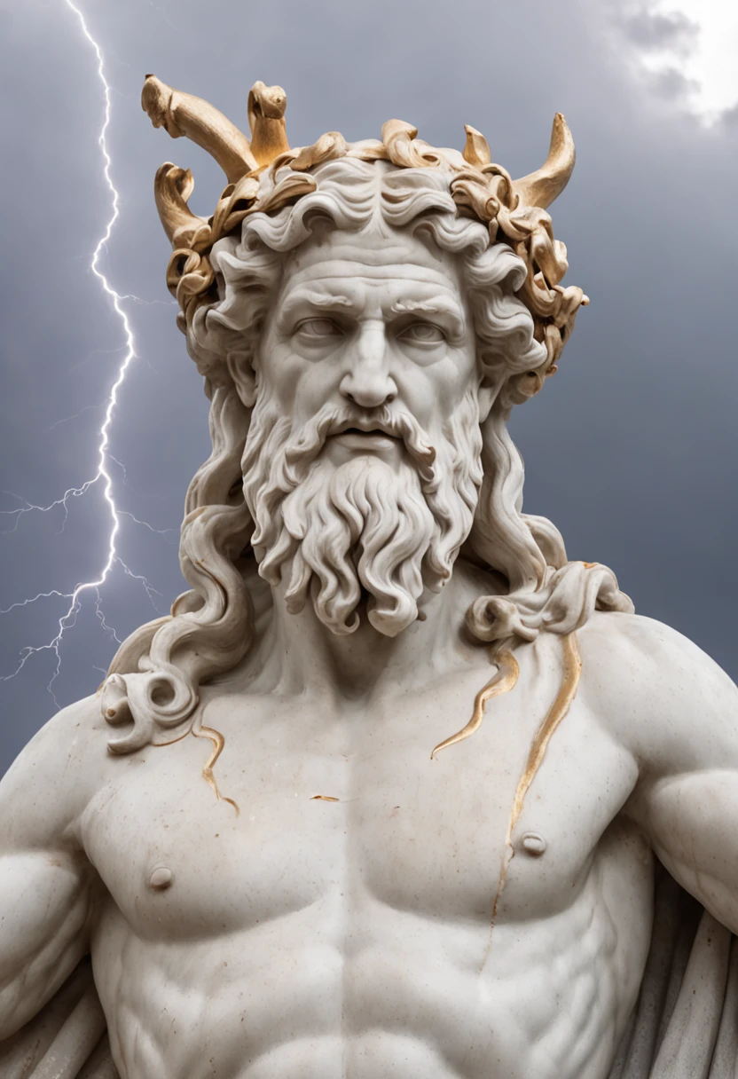 zeus holding medusa's head in his arms after a bloody fight, rainy weather with lightning and thunder, bright rays coming out of his eyes and with expression of hate