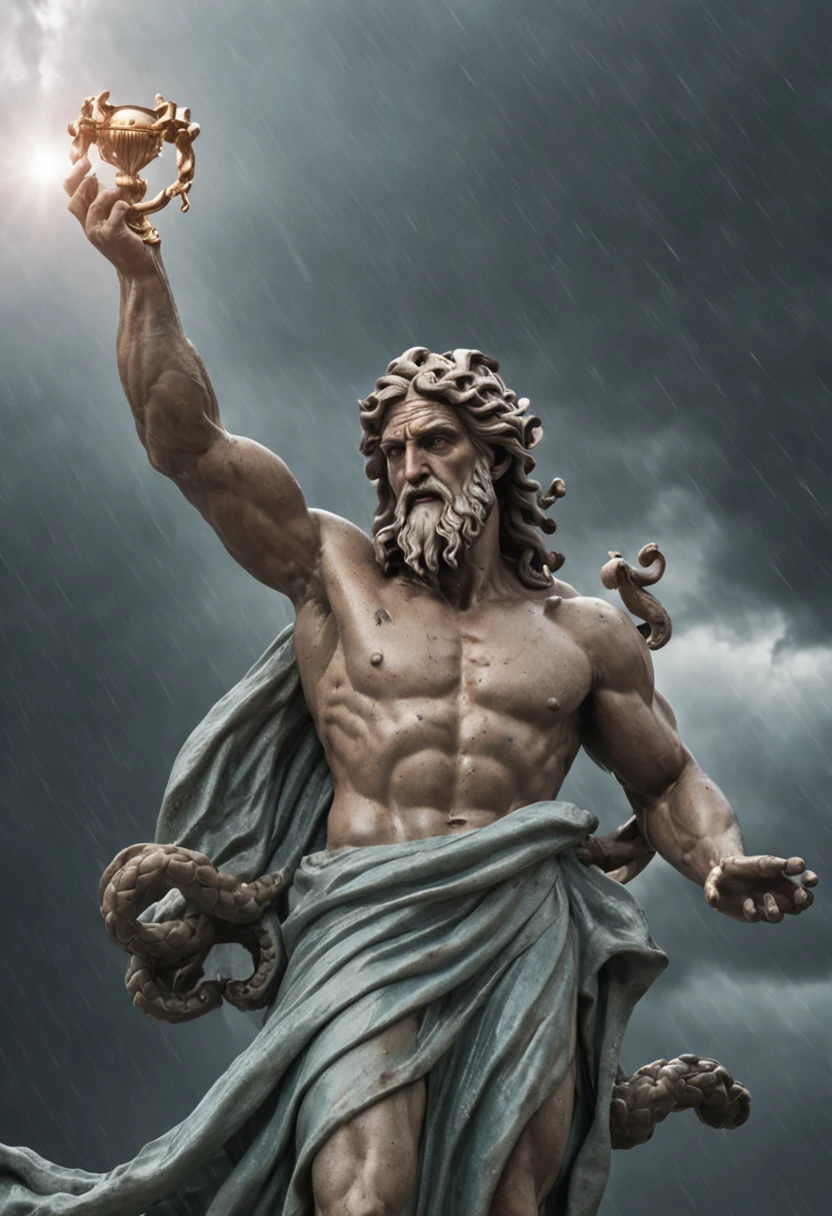 zeus holding medusa's head in his arms after a bloody fight, rainy weather with lightning and thunder, bright rays coming out of his eyes and with expression of hate