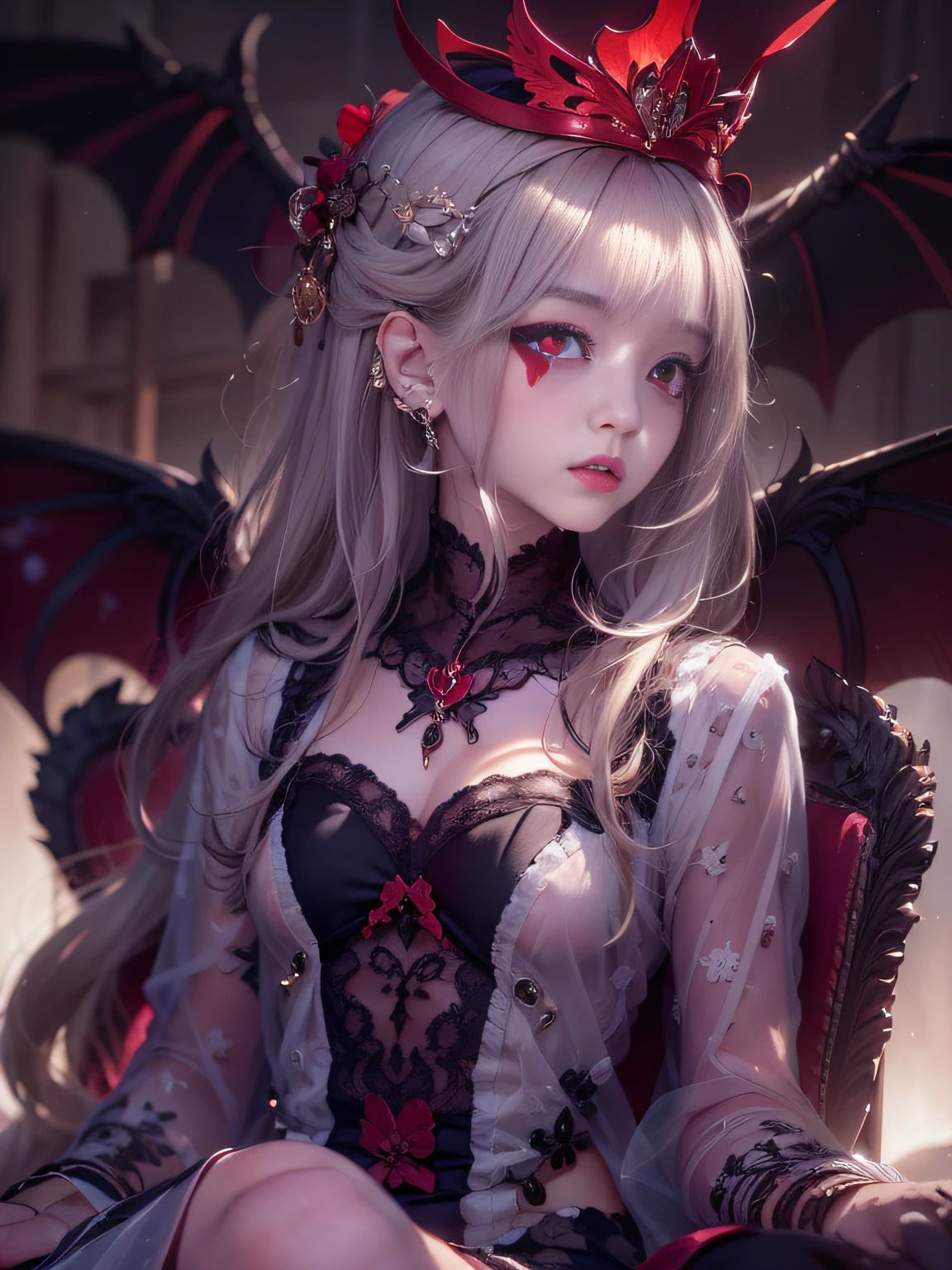 retinas, masutepiece, ccurate, Anatomically correct, Textured skin, Super Detail, high details, High quality, awardwinning, Best Quality, hight resolution, 8K,Female vampire queen、Black aristocratic gothic lolita dress、Royal Black Dress,blackdress,Queen's crown,Holding a sickle in his hand,Red moon peeking through the clouds、The vampire glares at the enemy from the chair、wide Shots、Angry look,((small tits))、Demagogic smile、sharp and long double teeth、Color makeup,Lowered eyebrows、Whitening effect,((A look tinged with joy)),((Ephemeral woman)),slim figure,extremely detailed eye and face、beatiful detailed eyes,Beautiful skins,The brilliance of details、The brilliance of details,smooth hair,detailed hairs,Very fine hairs ,Thin leg,skinny thigh,extremely beautiful legs,Thin leg,Moonlight,(cold lighting),Night,(Glowing red eyes:1.6)、Bat Wings,light, Pigment-free skin,Snow-white skin