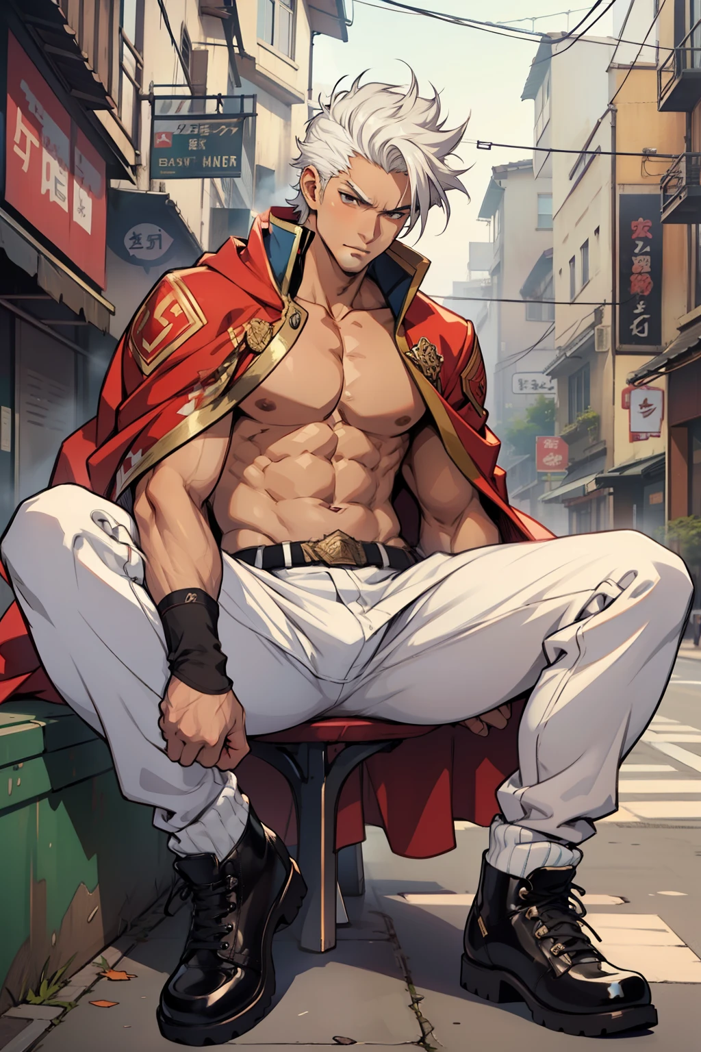 Highest image quality,male people,1 boy,Young and handsome,shoun,White color hair,Short flat top hair,Dark skin,anime big breast,anime wallpaper,Solo,malefocus,Briefs,Dilation of the pectoral muscles,Red cape,Bulging crotch,Urban background,spread their legs,Sexy,(Masterpiece, Best quality),long white socks,Red Martin boots