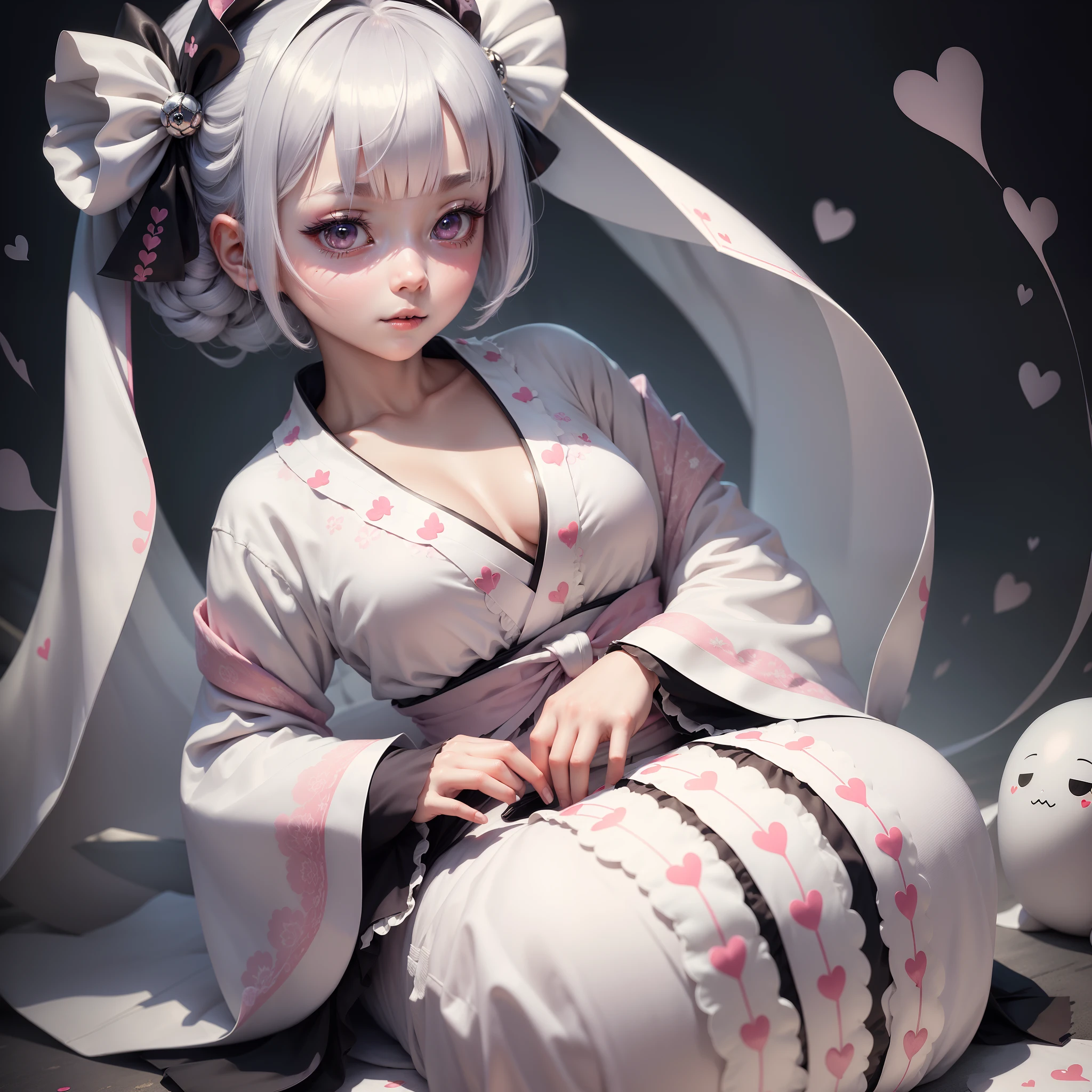 (((Masterpiece))), top quality, super detailed, blush, cute and playful, death attire, white kimono, ghost cosplay, ribbon, cheerful, silver hair, fluffy hairstyle, huge, heart-emitting eyes, sweet look.