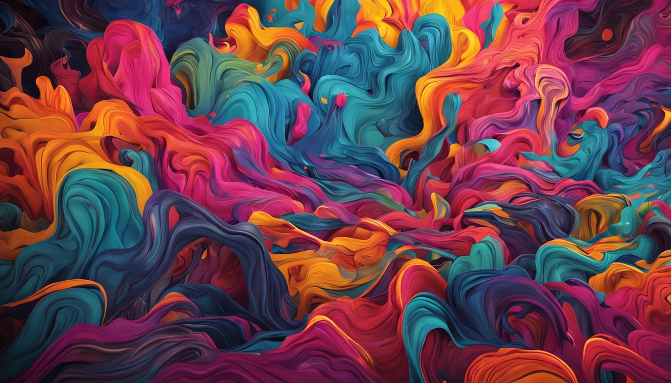 A close up of a painting of colorful swirls on a black background ...
