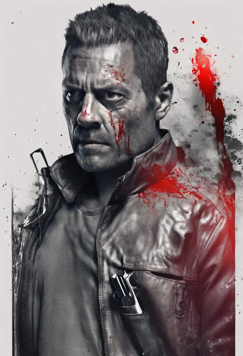 A man with a flat face expression far away with a blank stare looking at the camera, holding a pistol in his left hand, he is dripping with blood from several wounds, strong stance, insanly high detail, ultra high quality, real life realistic, ultra realistic, masterpiece, 8K, ray tracing, far away, black background, faded foggy