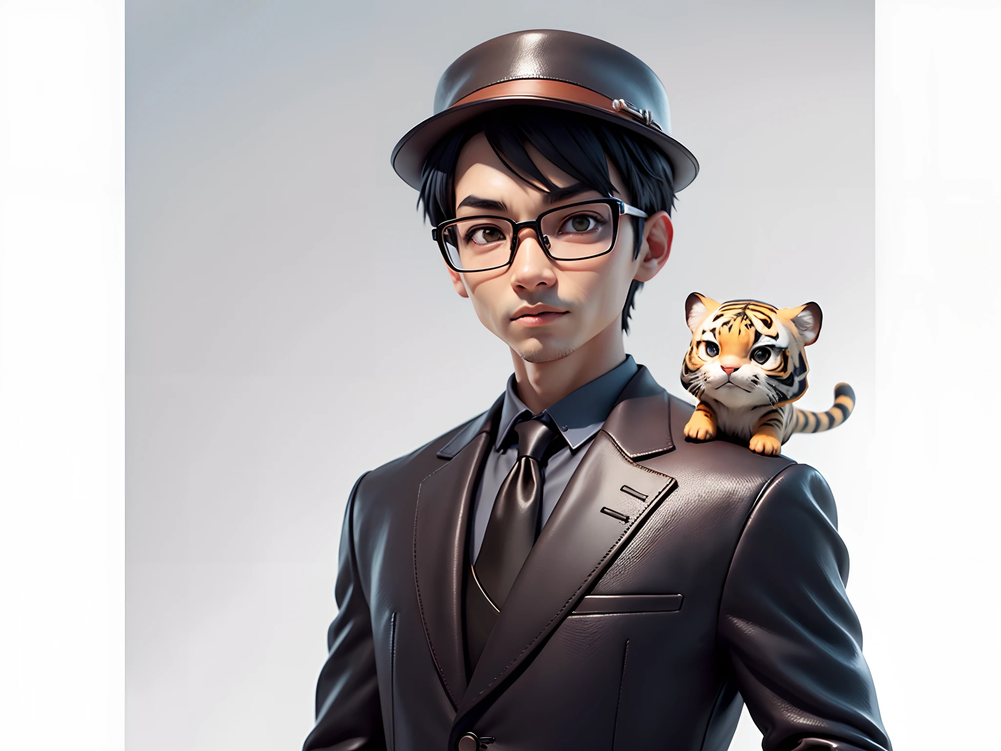 Young man with oriental face in leather hat, tiger, oriental face in formal suit, short black hair, silver glasses, digital painting, 3D character design by Mark Clairedon and Pixar and Hayao Miyazaki and Akira Toriyama, the illustration is a high-definition illustration in 4K resolution with very detailed facial features and cartoon-style visuals.