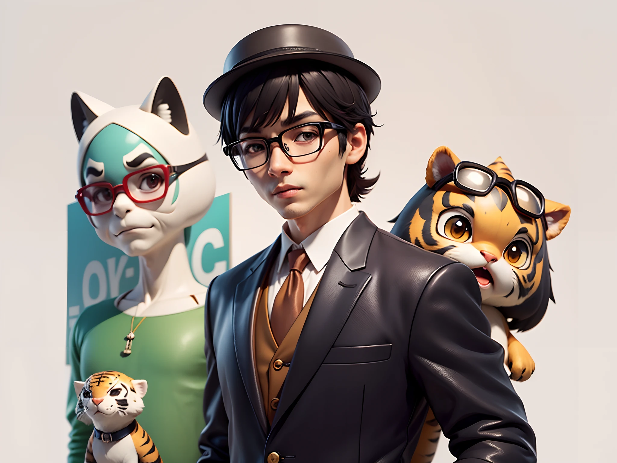Young man with oriental face in leather hat, tiger, oriental face in formal suit, short black hair, silver glasses, digital painting, 3D character design by Mark Clairedon and Pixar and Hayao Miyazaki and Akira Toriyama, the illustration is a high-definition illustration in 4K resolution with very detailed facial features and cartoon-style visuals.