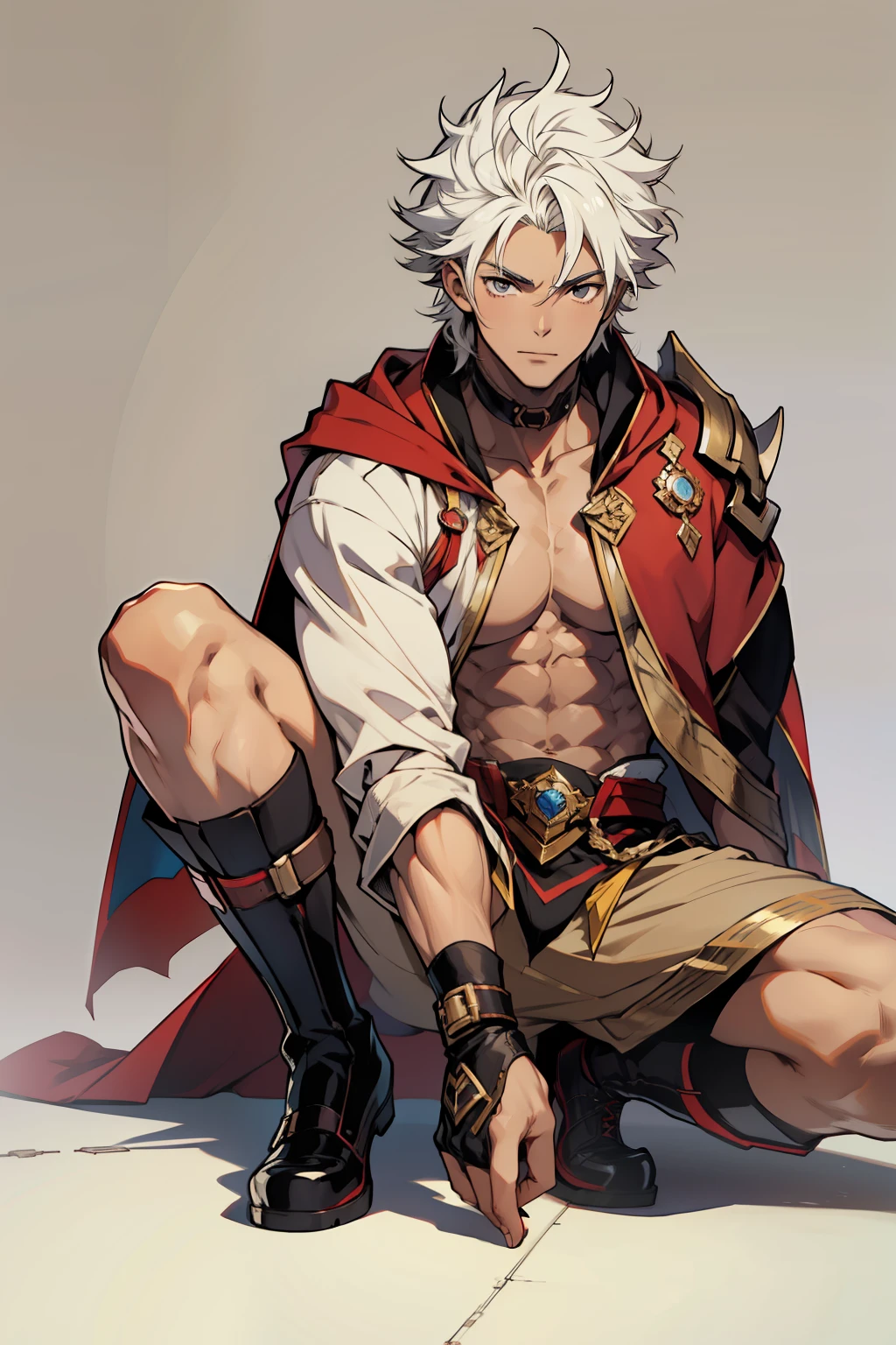 Highest image quality，male people，1 boy，Young and handsome，shoun，White color hair，Short flat top hair，Dark  skin，anime big breast，anime wallpaper，Solo，malefocus，Briefs，Dilation of the pectoral muscles，Red cape，Bulging crotch，Urban background，spread their legs，Sexy,(Masterpiece, Best quality),Long white socks，boots