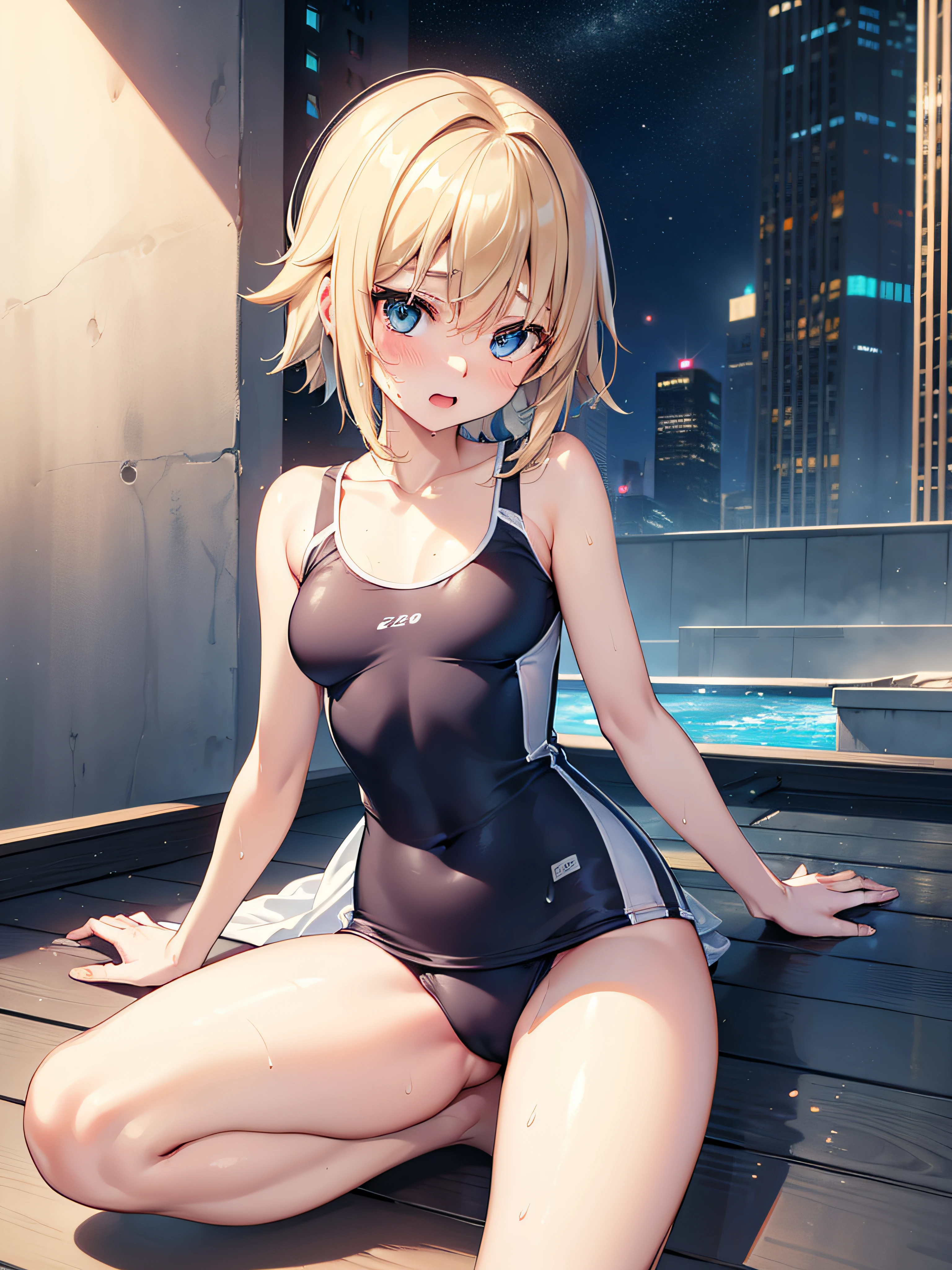 (​masterpiece:1.5), very detailed face and eyes, (Photorealsitic:1.2)、 (FULL BODYSHOT:0.5)、ultra-quality、ultra-detailliert、Perfect drawing、animesque、charming anime girls,、beautiful alluring anime woman、Smooth Anime CG Art、独奏、1girl in、Naked Beauty、(jeanne d'arc (Fate Grand Order))、cowboy  shot、(Since a while ago:1.5)、posture with protruding chest,、(legs wide open)、(Opening legs:1.5)、((middlebreast：2.0))、(((School swim wear)))、thin cloth、bare-legged、(No panties 、No bra)、embarassed expression、Blue eyes、Moisturized eyes、red blush、Light from the front、Right ahead、clearface、The pubic area is clearly visible、((Areola showing through))、((Sweat))、slender、((a blond))、Sexy face、Open mouth、((Layered Hair Style、Medium Breath:1.2))、(short-hair)、The angle of movement、Sense of speed、lumnious、(deep in the night)、Skyscrapers、(in poolside)、On the roof of the school building、Poses to show off、(sunny sky)、Accurate drawing、meticulous drawing、Beautiful background、Urban cityscape、Motion blur effect