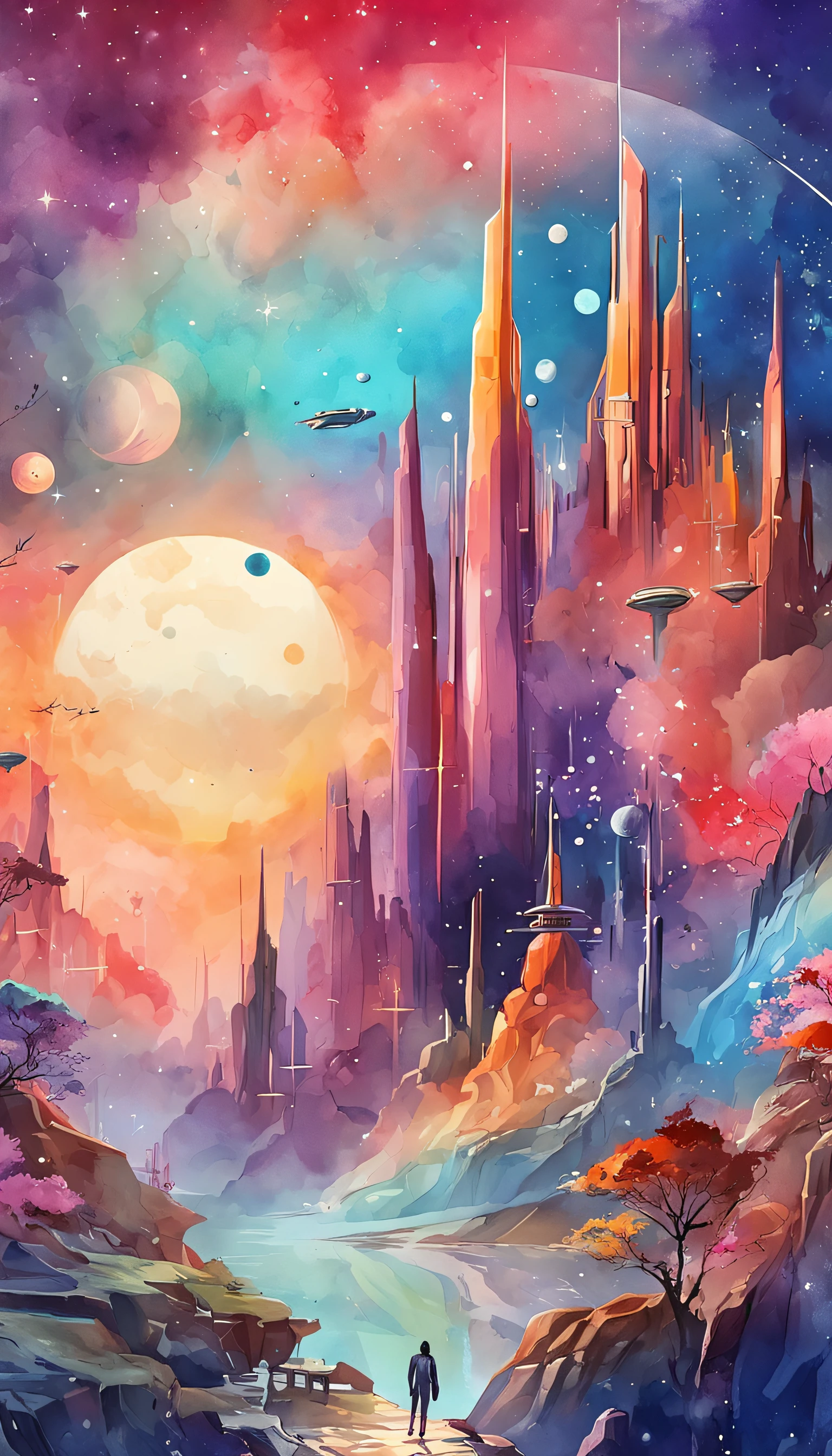 Colorful futuristic space illustration,There's a planet in the middle, a beautiful artwork illustration