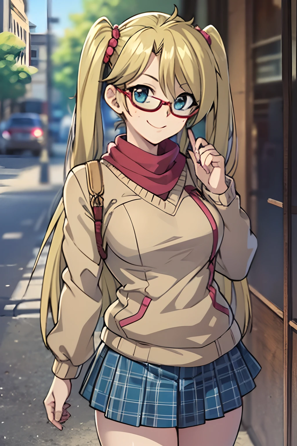 (masterpiece, best quality, ultra-detailed), 1girl, Rebecca Hopkins, blonde hair, twintails, red glasses,looking at viewer, portait shot, front view, smiling expression, opening the mouth