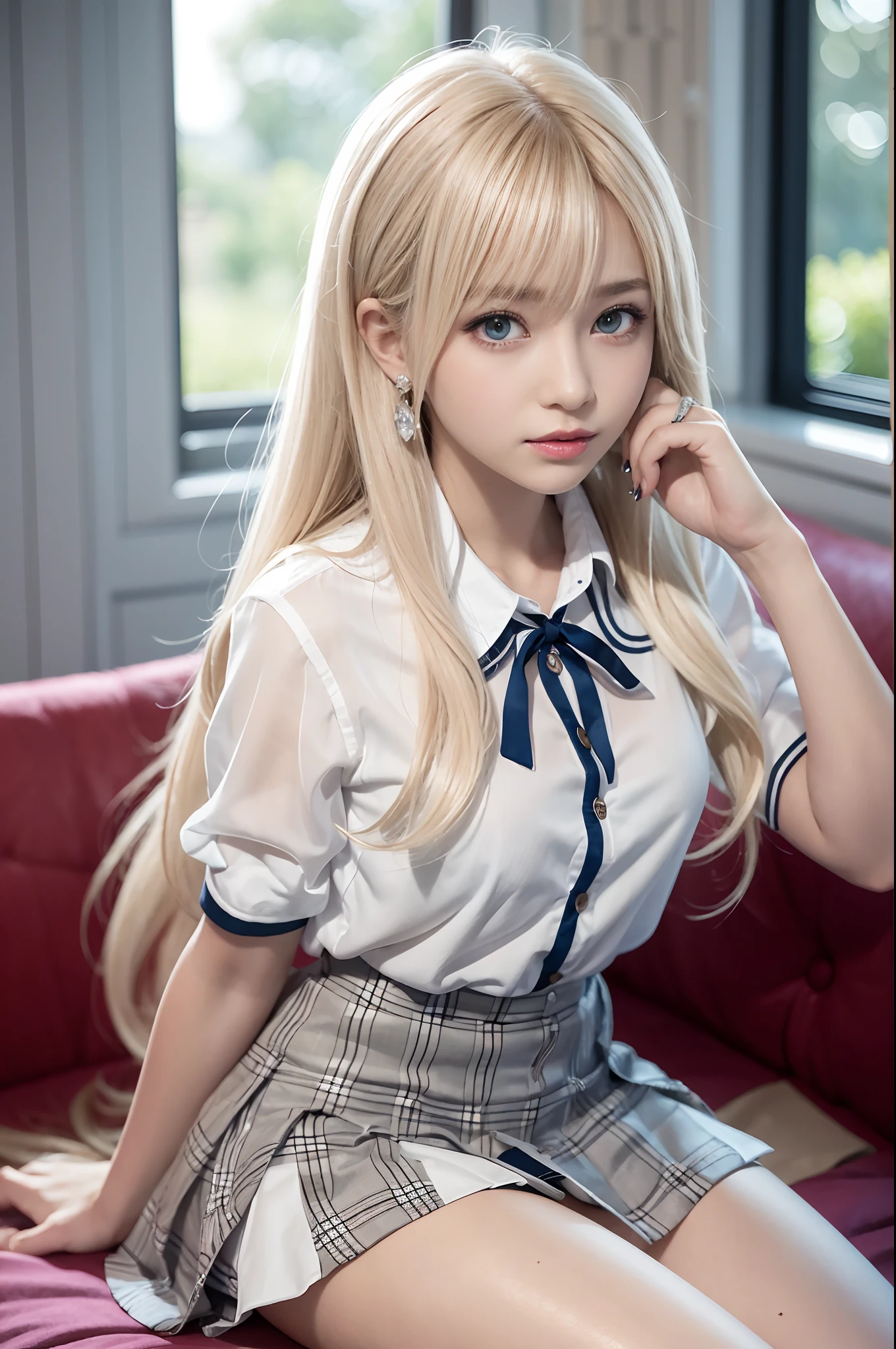 Smile、photorealisim、top-quality、超A high resolution、a picture、Photos of very beautiful Nordic-born girls、Extraordinarily beautiful girl、Detailed cute and beautiful happy face、(pureerosface_v1:0.008)、Beautiful bangs、alice in the wonderland、12year old、Glowing white shiny skin、Bangs that extend to the face、Bangs between the eyes、Super long hair、Attractive bright natural platinum blonde ponytail silky hair、finer hair、High-definition eyes、Beautiful, Bright and clear、Big light blue eyes shine charmingly、Uniform Uniform、plaid pleated skirt、eye liner、Double eyelids、Lush medium semi-nude bust、clevage、Perfect beautiful young body、Perfectly proportioned body、Bedrooms、sit on a bed、sit in
