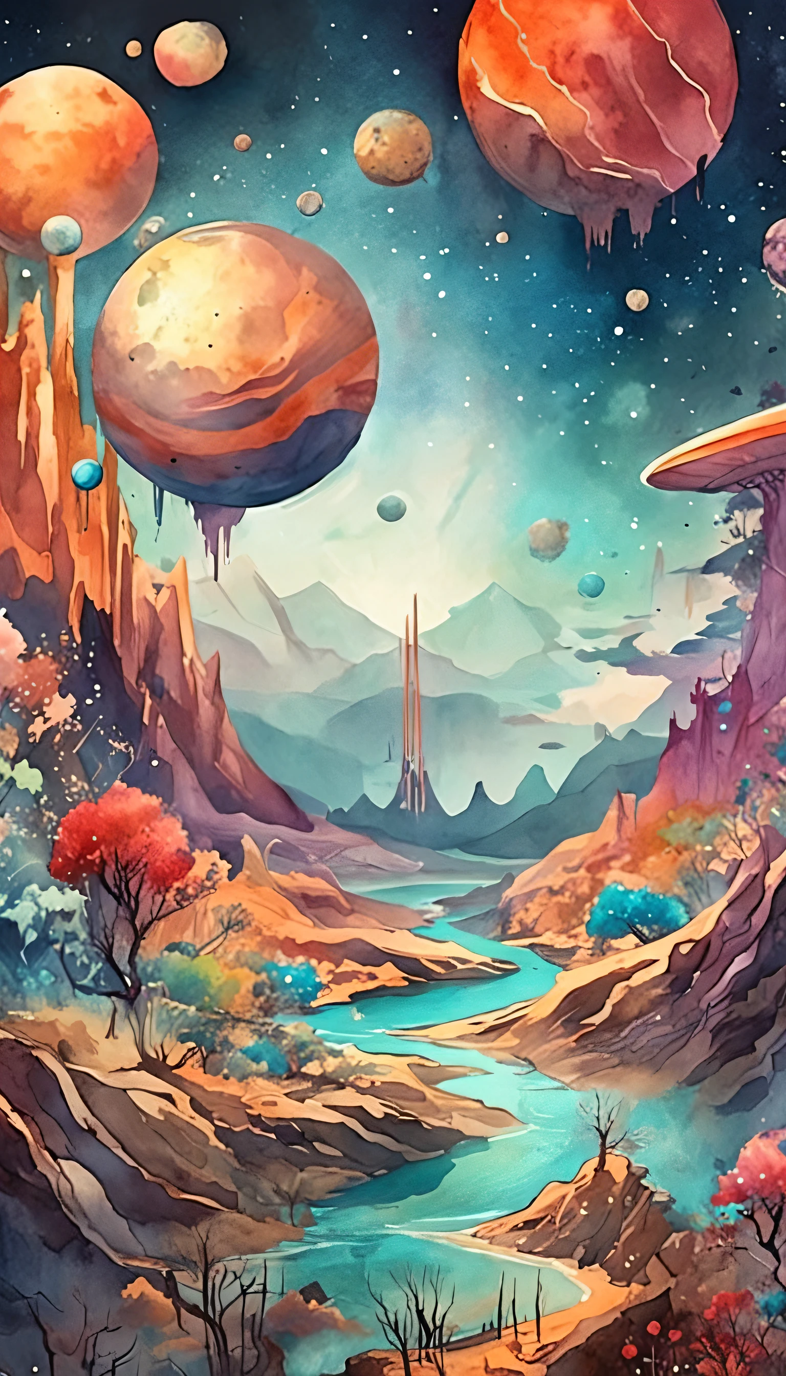 Colorful futuristic space illustration,There's a planet in the middle, a beautiful artwork illustration