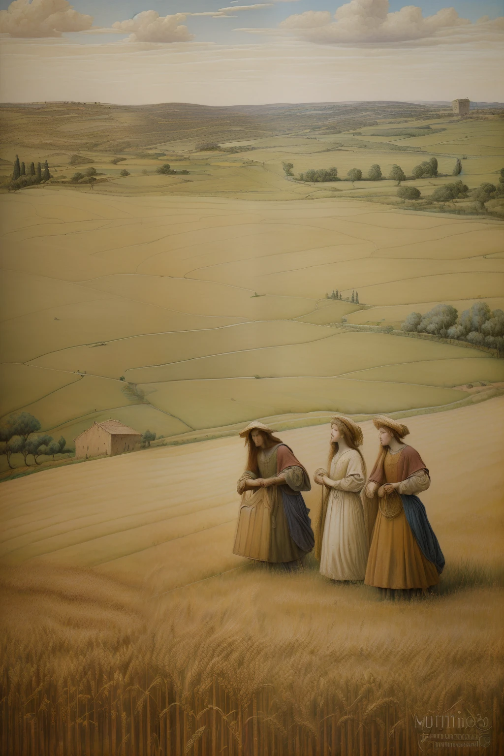 (((Pre-Raphaelite wheat harvest painting, muitas pessoas, camponeses celtas, outono, Campo de trigo, colheita, Campo de trigo, High definition, cores vivas, paisagem celta medieval)))