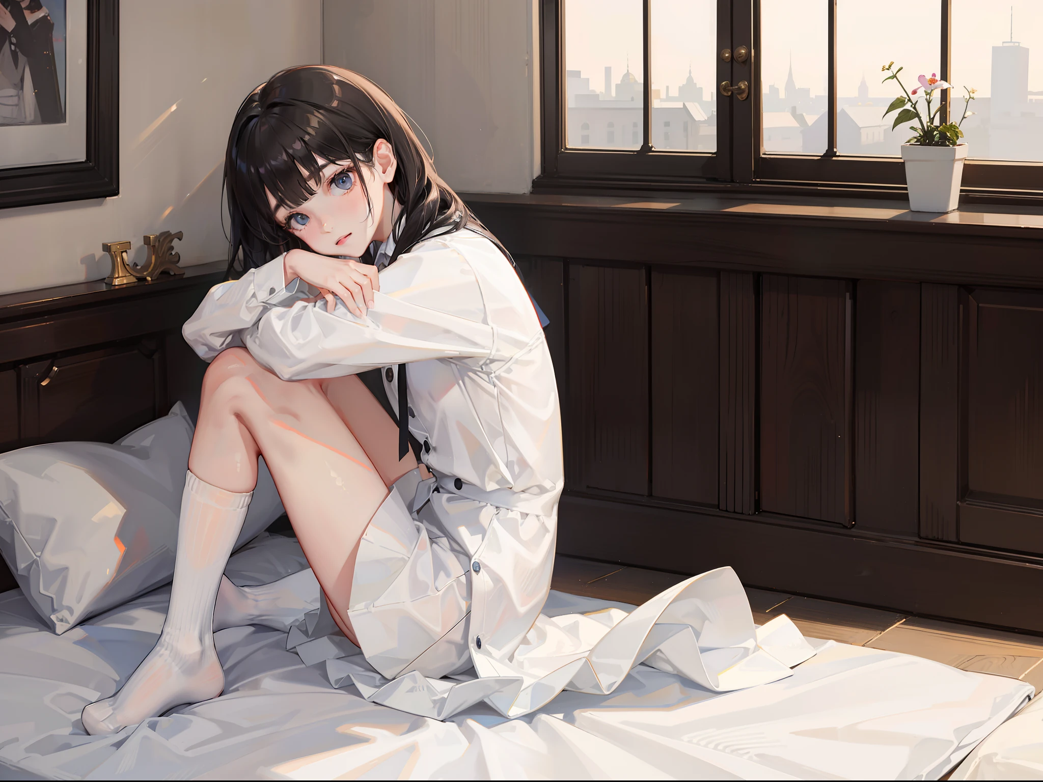 Jk young girl with short and medium black hair，white short socks，White pile socks，8K，Need,tmasterpiece,Bedrooms，inns，whaite hair,Blue-eyed girl kneeling in front of the bed,White shirt with buttons unbuttoned,seminude，Look up at the perspective:1.5,Raised sexy,Hairline,is shy，Be red in the face，Fair skin,Cut off bangs，[Remove the white stockings from the legs with both hands]，Lower body naked，sitting on his knees on the bed，is shy