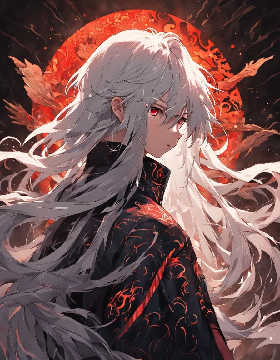 (black background:1.4),(Silhouette of a boy head, Red Eyes, colorfull long white hair, Oriental elements, in the dark),(Chinese illustration:1.3,paper art:1.3, Quilted paper art:1.2),( reasonable design, Clear lines, High sharpness,Best quality, Very detailed, Masterpiece, movie light effect, 4K )