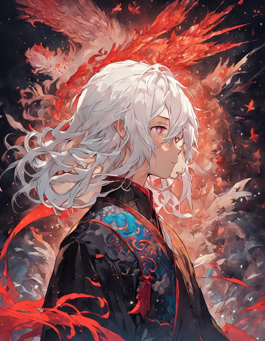 (black background:1.4),(Silhouette of a boy head, Red Eyes, colorfull long white hair, Oriental elements, in the dark),(Chinese illustration:1.3,paper art:1.3, Quilted paper art:1.2),( reasonable design, Clear lines, High sharpness,Best quality, Very detailed, Masterpiece, movie light effect, 4K )
