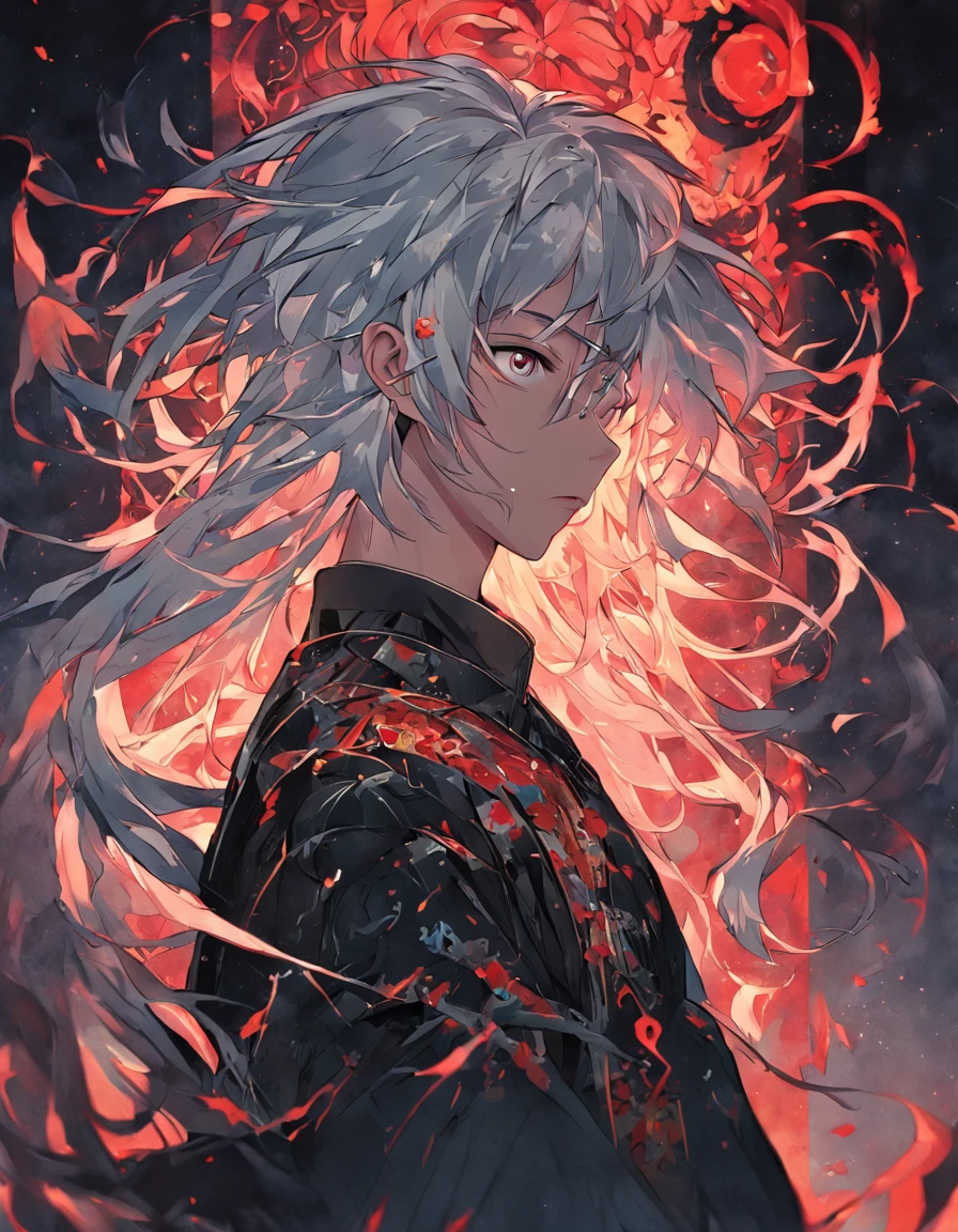 (black background:1.4),(Silhouette of a boy head, Red Eyes, colorfull long white hair, Oriental elements, in the dark)，(Chinese illustration:1.3，paper art:1.3, Quilted paper art:1.2),( reasonable design, Clear lines, High sharpness,Best quality, Very detailed, Masterpiece, movie light effect, 4K )