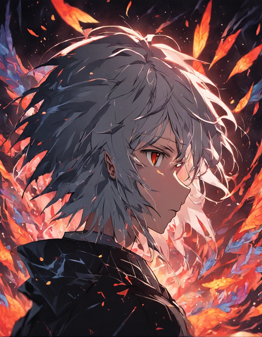 (black background:1.4),(Silhouette of a boy head, Red Eyes, colorfull long white hair, Oriental elements, in the dark),(Chinese illustration:1.3,paper art:1.3, Quilted paper art:1.2),( reasonable design, Clear lines, High sharpness,Best quality, Very detailed, Masterpiece, movie light effect, 4K )