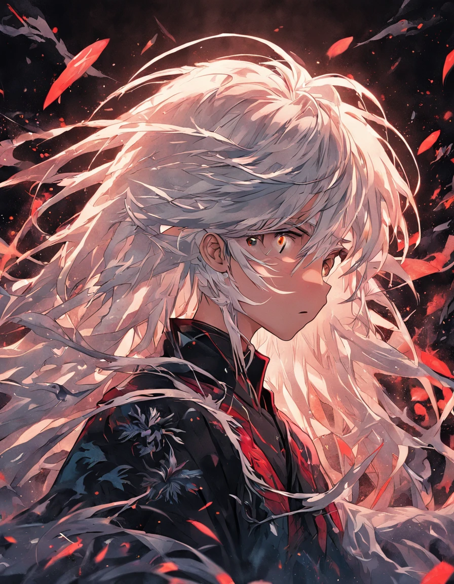 (black background:1.4),(Silhouette of a boy head, Red Eyes, colorfull long white hair, Oriental elements, in the dark),(Chinese illustration:1.3,paper art:1.3, Quilted paper art:1.2),( reasonable design, Clear lines, High sharpness,Best quality, Very detailed, Masterpiece, movie light effect, 4K )