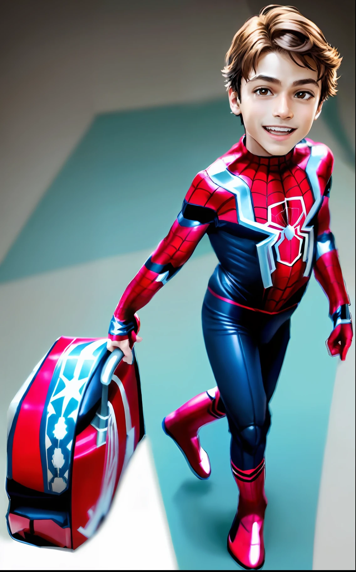 A closeup of a child in a spider costume - man with a suitcase, Peter Parker como Homem-Aranha, Spiderman!!, Pedro Parker, Spiderman, Aranha altamente detalhada - Man, Homem-Aranha, aranha - homem, Tom Holanda, Miles Morales!!!, Retrato do Homem-Aranha, corpo inteiro com traje, traje completo, Personagem da Marvel, Estilo futurista Homem-Aranha, wearing red and yellow hero suit