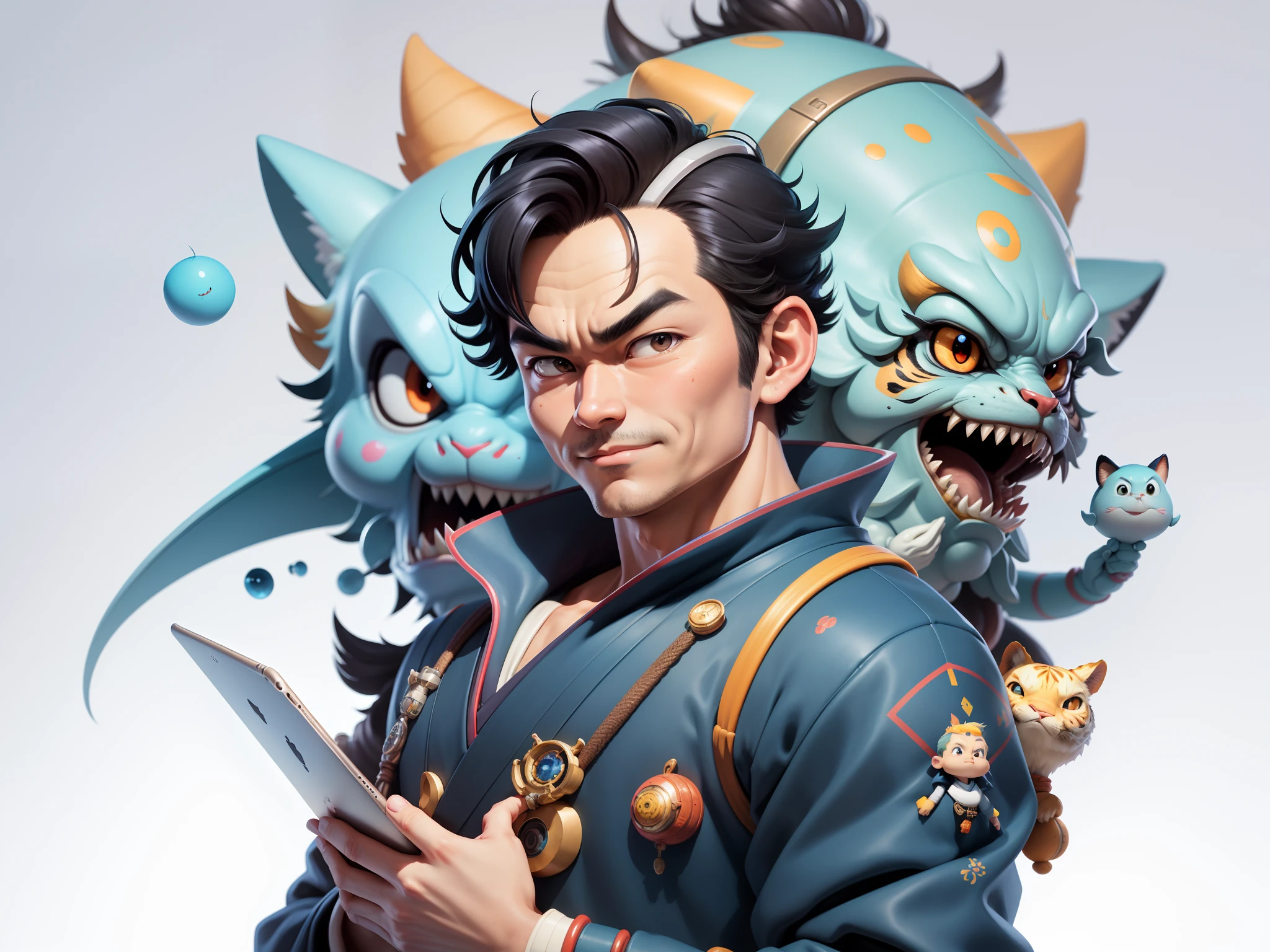 (Masterpiece), (Excellent), (Super Meticulous), (Full Body: 1.2), Super Young Man, Oriental Face, Japanese Kimono, Japanese Wind Thunder God, Dragon, Tiger, TV Anchor, Bust Portrait Illustration, Alone, Black Suit, Blue Tie, Slightly Chubby Face, Very Clean Face, No Beard, Black Super Short Hair, Black Eyes, Confident Smile, 3c Computer Sub-Products, iPad, iPhone, Digital Painting, 3D Character Design by Akira Toriyama and Mark Claireden and Pixar and Hayao Miyazaki, The illustration is a high-definition illustration in 4K resolution with very detailed facial features and cartoon-style visuals.