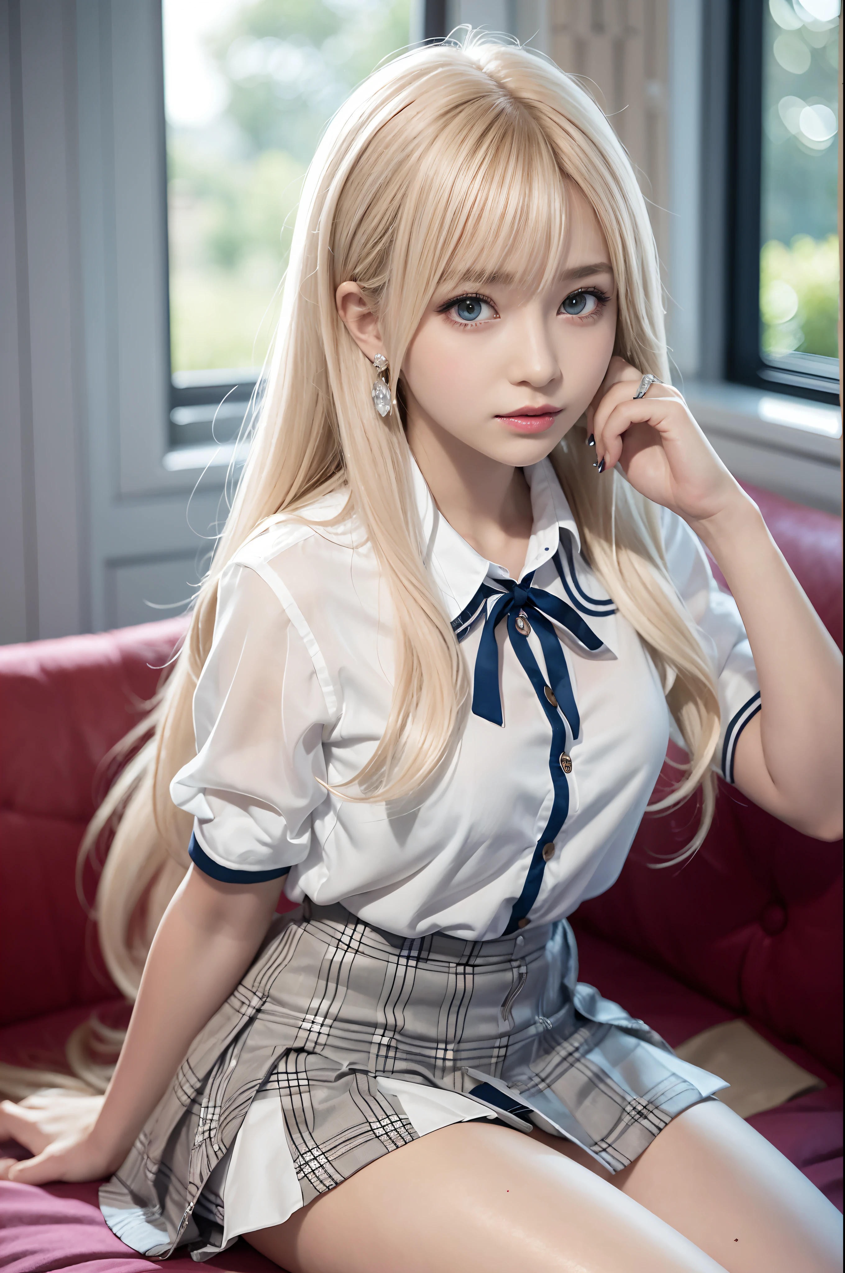 Detailed face, cute face, best quality, focus on face, soft light, (depth of border is described), ultra high resolution, (realistic:1.4), RAW photo, (moody lighting, night:1.2), bedroom, (bust up shot:1.4), alone, cute, (shy, smiling:1.1), (shiny platinum blonde silk hair, beautiful shiny bangs, big clear sky blue eyes, very beautiful bright eye highlights), detailed beautiful face, (midday hair), (recliner couch:1.4), (shirt:1.4, long skirt:1.4)