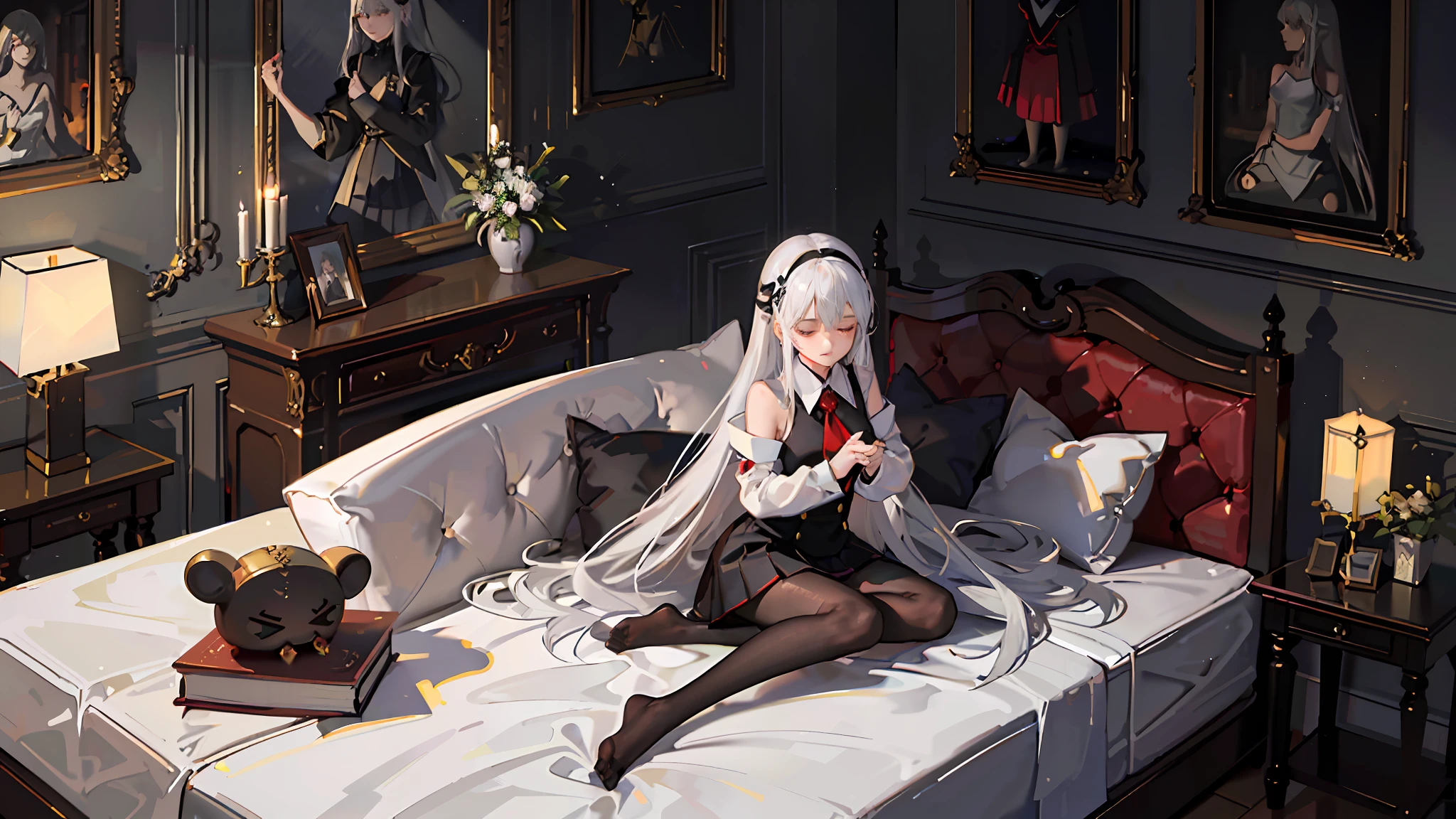 Spread your legs，symetrical composition，teens girl，adolable，is shy，ssmile，Close your eyes slightly，White shoulder-length hair，Hairline，Be red in the face，Correct limbs，Right legs，Oily black stockings，Oily white stockings，Classical style red wall，Correct limbs，Short shoulder-length white hair:4，waxy candles:3，Red bedroom:3，Black bed:3，Natural light，窗帘，Ambient(((Half naked anime girl lying on sofa undressing with her hands，，Hands on the upper and lower legs of the naked body，black uniforms，black reotard，Primetime light and shadow black pantyhose)),Ray tracing,(Dim lighting，luz de velas，waxy candles),[Detailed background (Bedroom)),((Silver hair)),((Dark hair)),(((Fluffy silver hair, plump and slender girl)))golden hair，Golden Eyes Avoid seeing golden eyes in an ominous bedroom ((((Girl in white shirt, Take off your black crinkled skirt，Prime hour light and shadow，
