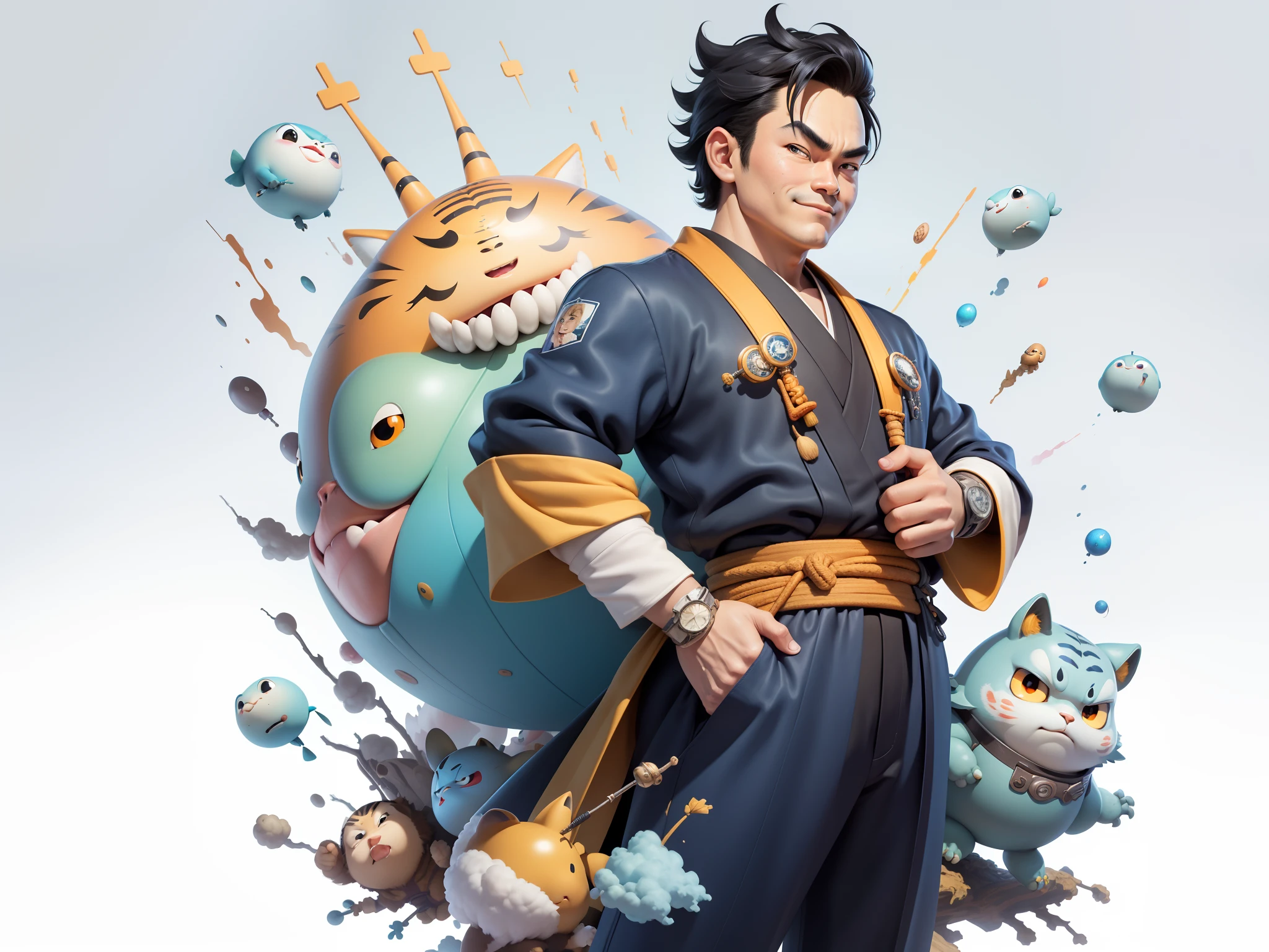 (Masterpiece), (Excellent), (Super Meticulous), (Full Body: 1.2), Super Young Man, Oriental Face, Japanese Kimono, Japanese Wind Thunder God, Dragon, Tiger, TV Anchor, Bust Portrait Illustration, Alone, Black Suit, Blue Tie, Slightly Chubby Face, Very Clean Face, No Beard, Black Super Short Hair, Black Eyes, Confident Smile, 3c Computer Sub-Products, iPad, iPhone, Digital Painting, 3D Character Design by Akira Toriyama and Mark Claireden and Pixar and Hayao Miyazaki, The illustration is a high-definition illustration in 4K resolution with very detailed facial features and cartoon-style visuals.
