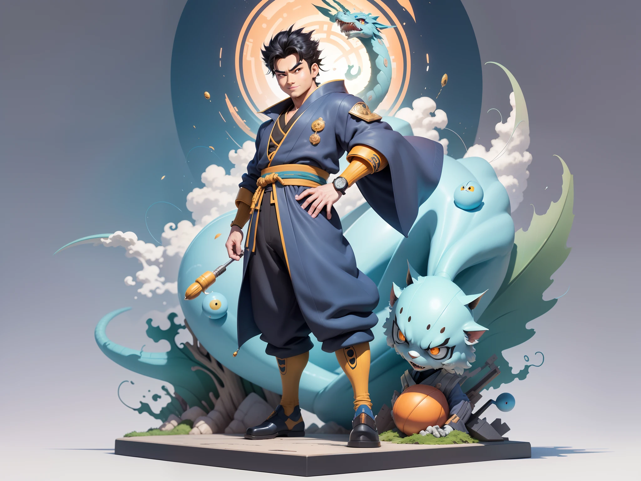 (Masterpiece), (Excellent), (Super Meticulous), (Full Body: 1.2), Super Young Man, Oriental Face, Japanese Kimono, Japanese Wind Thunder God, Dragon, Tiger, TV Anchor, Bust Portrait Illustration, Alone, Black Suit, Blue Tie, Slightly Chubby Face, Very Clean Face, No Beard, Black Super Short Hair, Black Eyes, Confident Smile, 3c Computer Sub-Products, iPad, iPhone, Digital Painting, 3D Character Design by Akira Toriyama and Mark Claireden and Pixar and Hayao Miyazaki, The illustration is a high-definition illustration in 4K resolution with very detailed facial features and cartoon-style visuals.