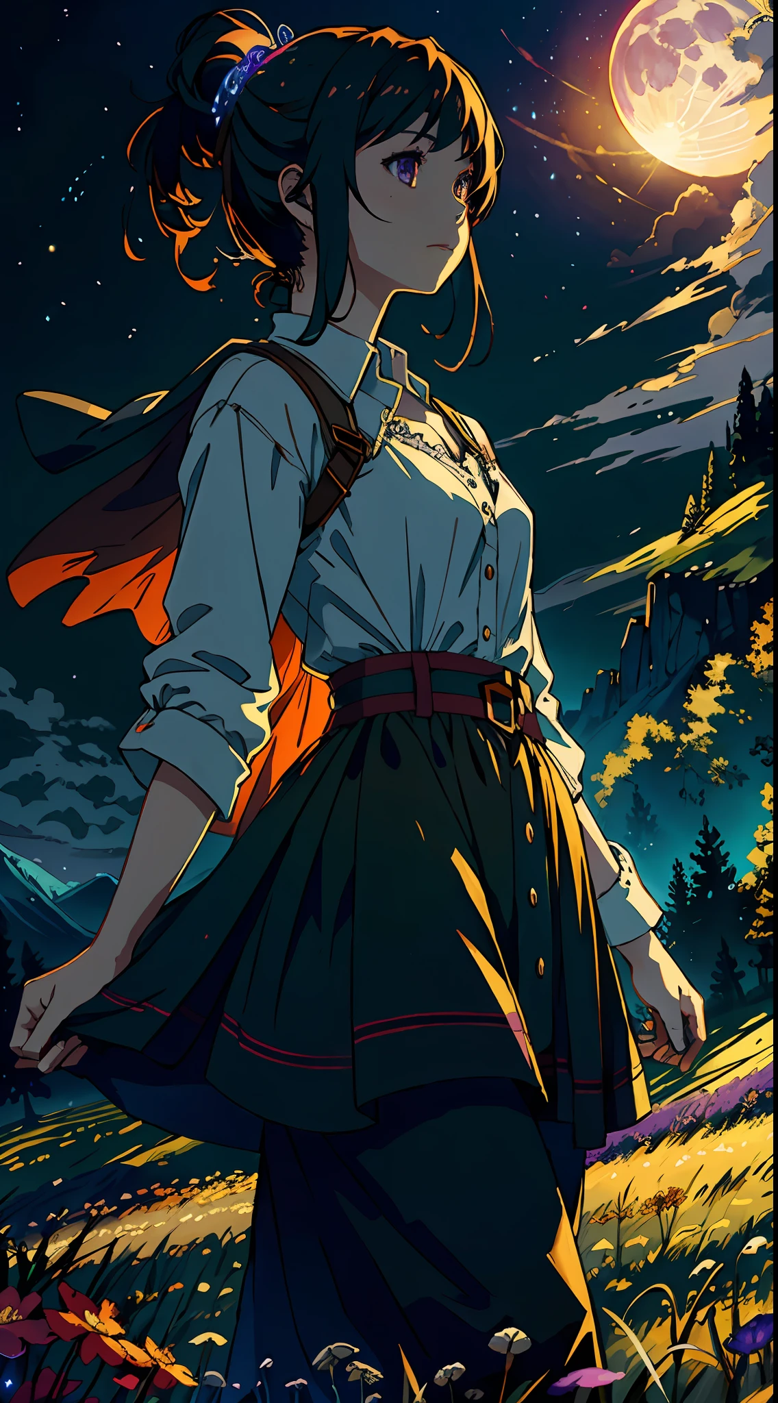 A wide landscape photo, (viewed from below, the sky is above, and the open field is below), a girl standing on a flower field looking up, (full moon: 1.2), (meteor: 0.9), (nebula: 1.3), distant mountains , Trees BREAK Crafting Art, (Warm Light: 1.2), (Firefly: 1.2), Lights, Lots of Purple and Orange, Intricate Details, Volumetric Lighting BREAK (Masterpiece: 1.2), (Best Quality), 4k, Ultra Detailed, (Dynamic Composition: 1.4), Rich in Detail and Color, (Rainbow Color: 1.2), (Glow, Atmospheric Lighting), Dreamy, Magical, (Solo: 1.2)