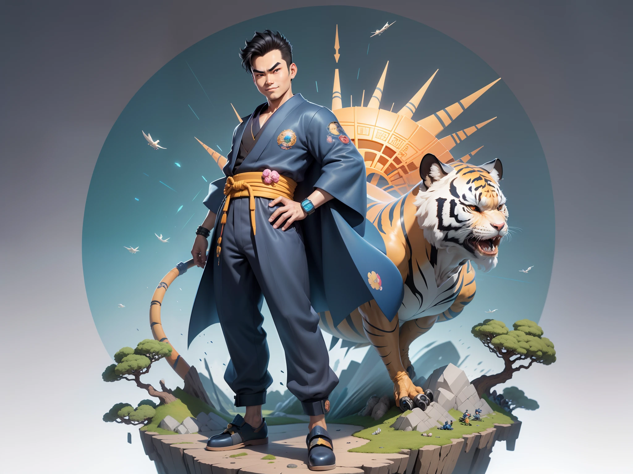 (Masterpiece), (Excellent), (Super Meticulous), (Full Body: 1.2), Super Young Man, Oriental Face, Japanese Kimono, Japanese Wind Thunder God, Dragon, Tiger, TV Anchor, Bust Portrait Illustration, Alone, Black Suit, Blue Tie, Slightly Chubby Face, Very Clean Face, No Beard, Black Super Short Hair, Black Eyes, Confident Smile, 3c Computer Sub-Products, iPad, iPhone, Digital Painting, 3D Character Design by Akira Toriyama and Mark Claireden and Pixar and Hayao Miyazaki, The illustration is a high-definition illustration in 4K resolution with very detailed facial features and cartoon-style visuals.