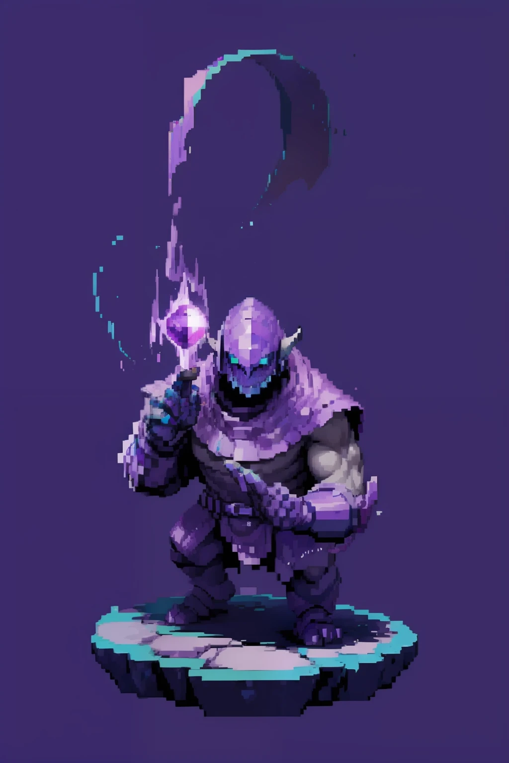 Purple Golem、Holding a purple stone in his hand、Pixel art、simple background