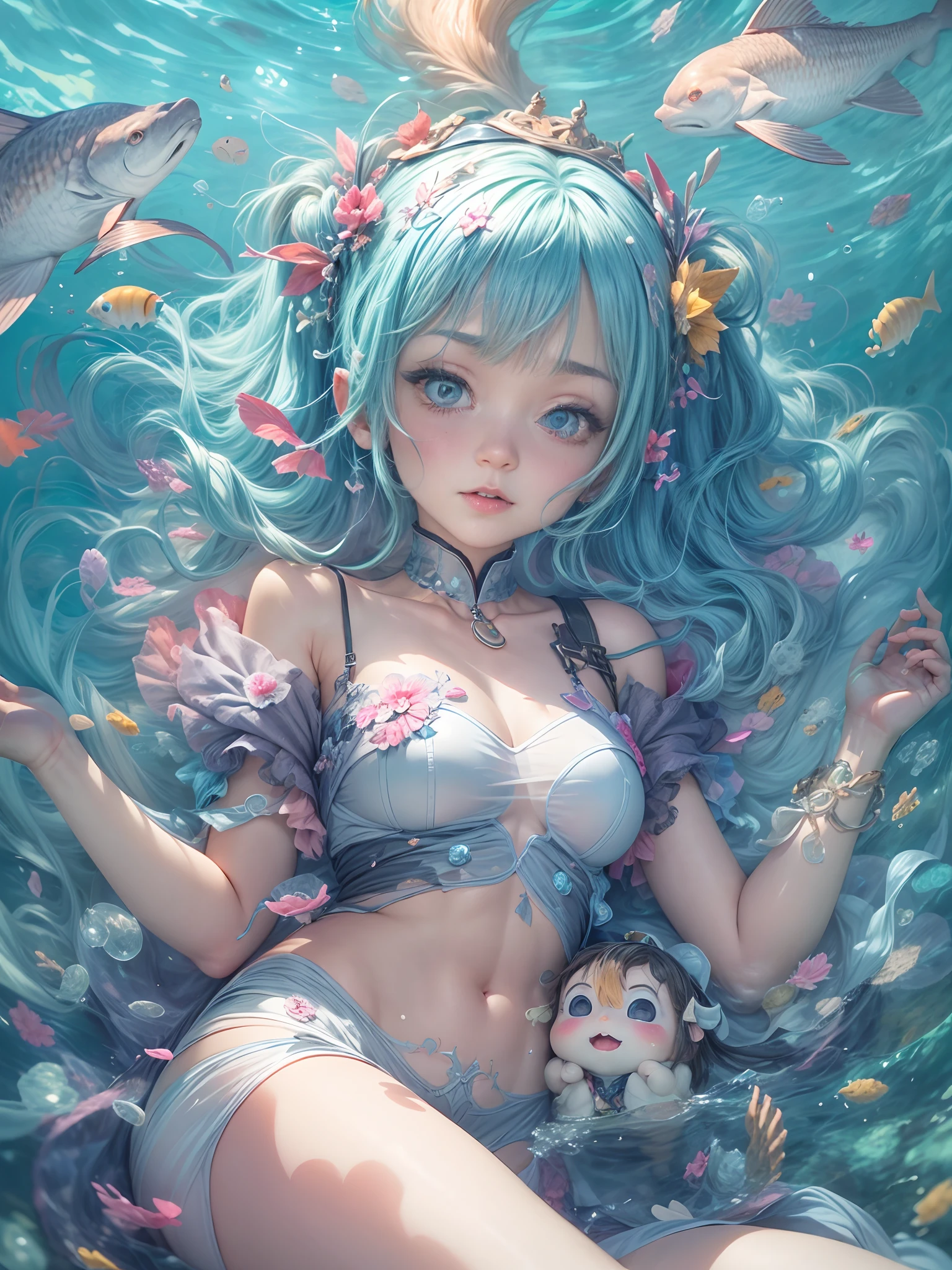 1 small curved loli,blue hair,,dwarf,Lie at the bottom of the sea,full bodyesbian,Surrounded by monsters,Beauty wears transparent gel coat,The perfect figure reveals a slender waist,The lines are perfect,Raised sexy,Blushlush,Spread your legs,Hands touch the inner thighs,The shoulders and navel are clearly visible,View from above,