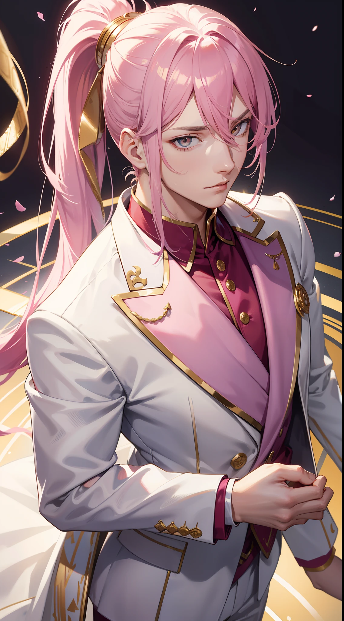 adult man, pink hair, high ponytail, golden eyes, white suit with gold elements, Masterpiece, hiquality