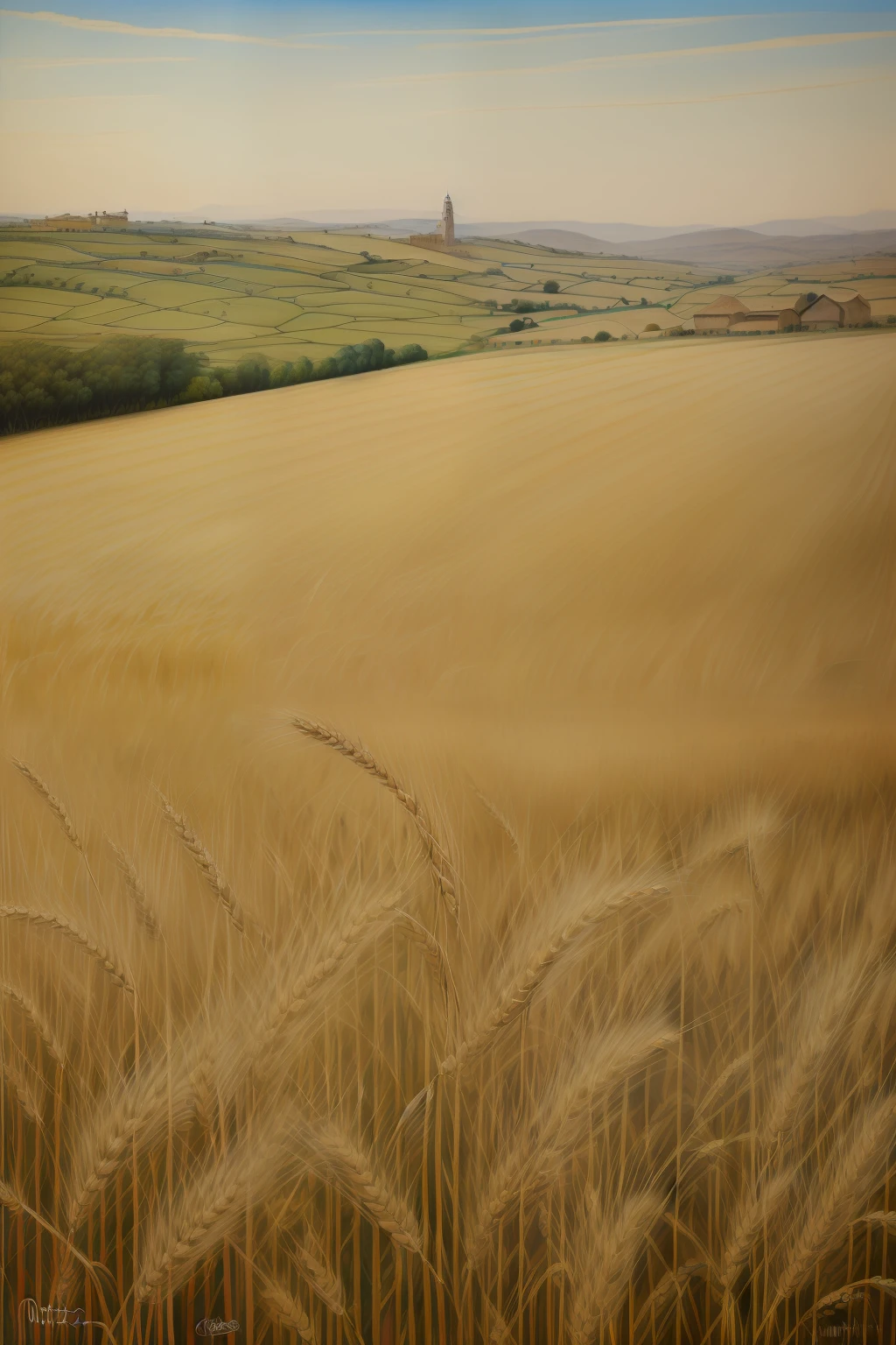 (((Painting of the pre-Raphaelite wheat harvest, muitas pessoas, camponeses celtas, outono, Campo de trigo, colheita, Campo de trigo, High definition, cores vivas, paisagem celta medieval)))
