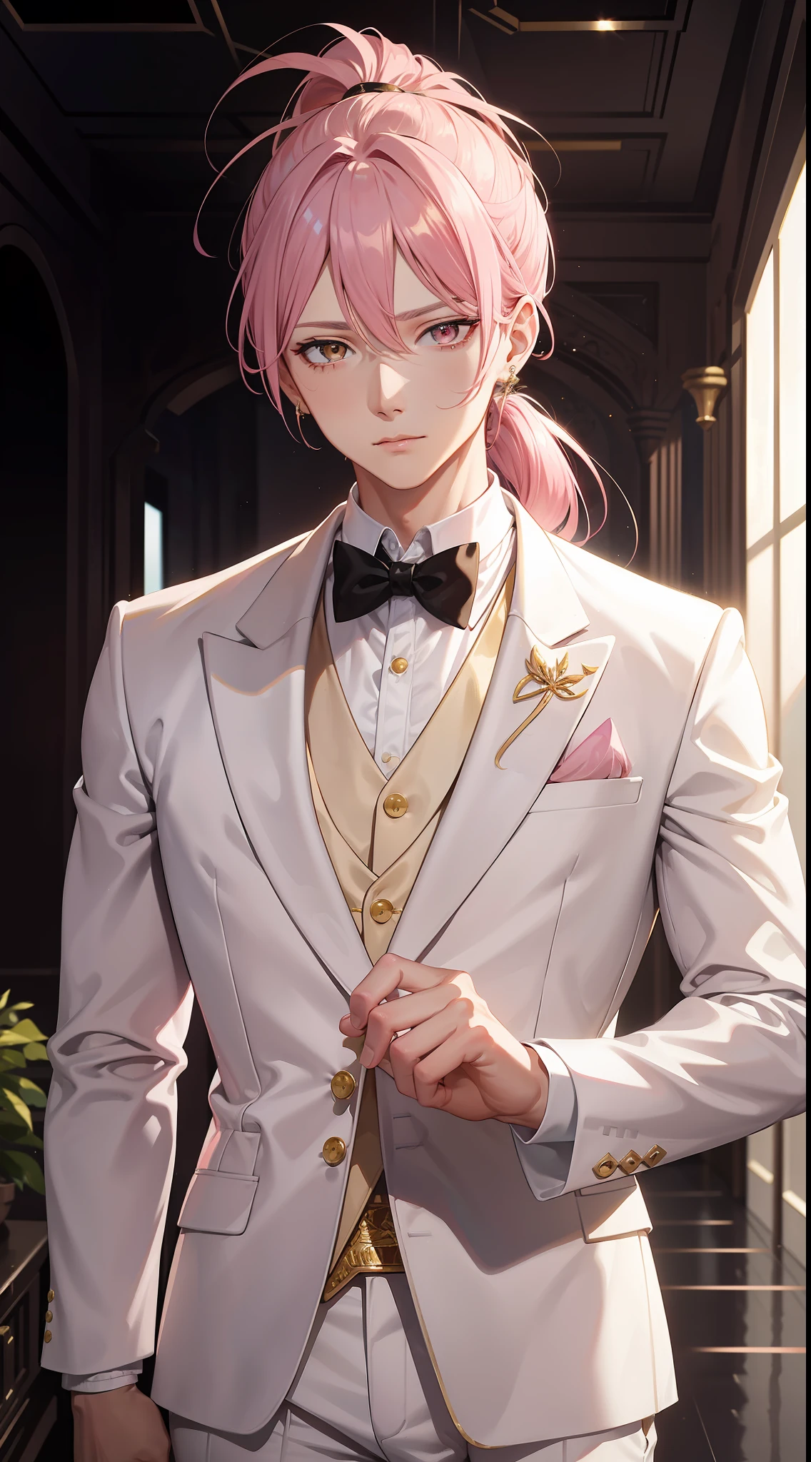 adult man, pink hair, high ponytail, golden eyes, white suit with gold elements, Masterpiece, hiquality