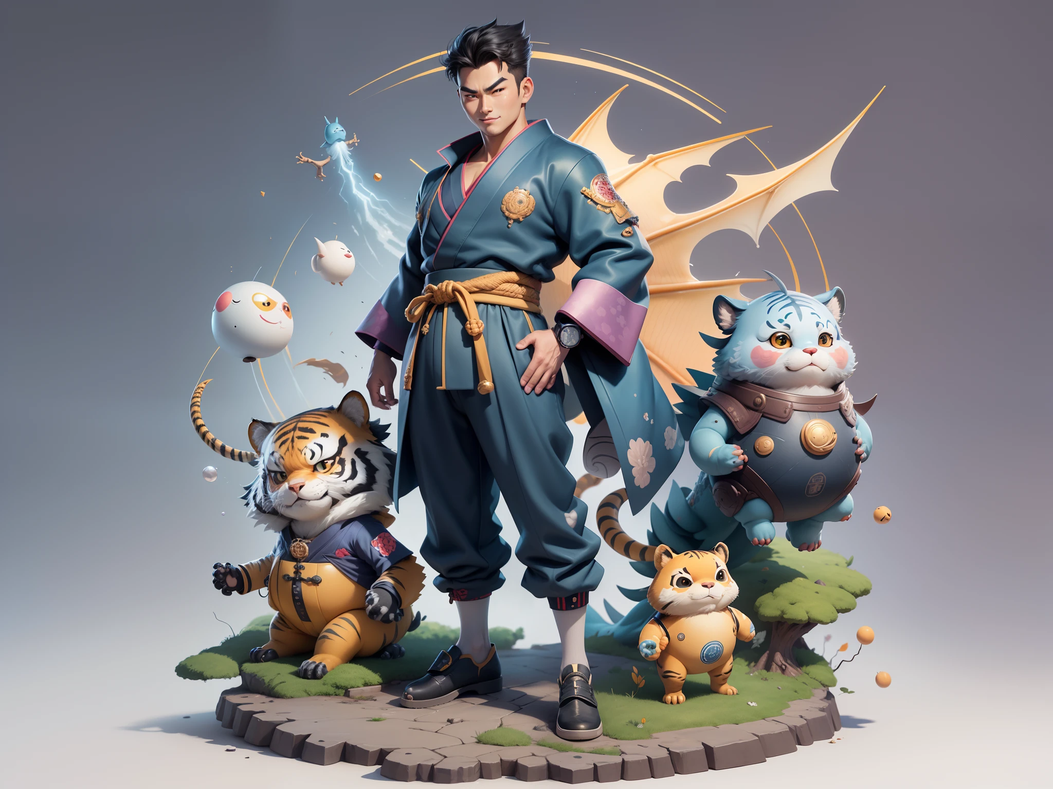 (Masterpiece), (Excellent), (Super Meticulous), (Full Body: 1.2), Super Young Man, Oriental Face, Japanese Kimono, Japanese Wind Thunder God, Dragon, Tiger, TV Anchor, Bust Portrait Illustration, Alone, Black Suit, Blue Tie, Slightly Chubby Face, Very Clean Face, No Beard, Black Super Short Hair, Black Eyes, Confident Smile, 3c Computer Sub-Products, iPad, iPhone, Digital Painting, 3D Character Design by Akira Toriyama and Mark Claireden and Pixar and Hayao Miyazaki, The illustration is a high-definition illustration in 4K resolution with very detailed facial features and cartoon-style visuals.