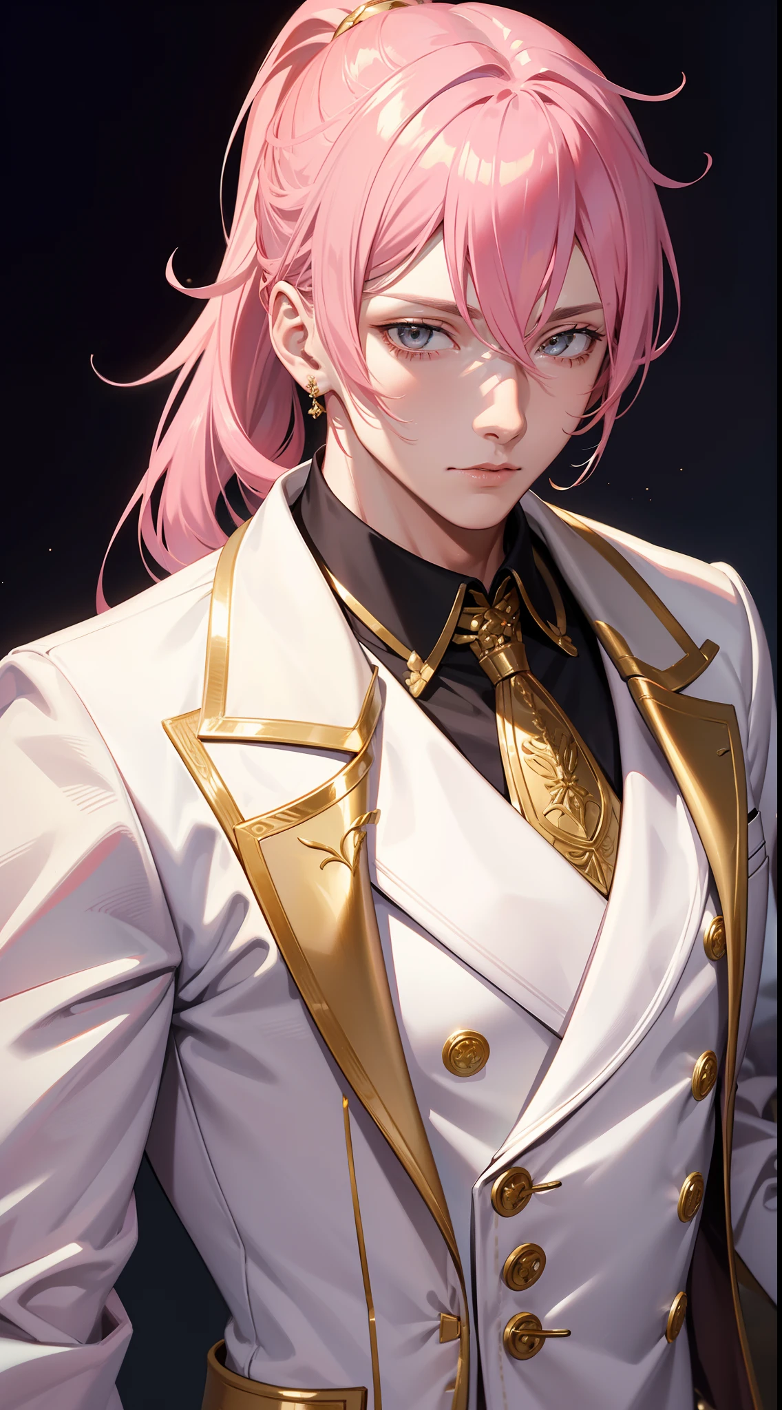 adult man, pink hair, high ponytail, golden eyes, white suit with gold elements, Masterpiece, hiquality