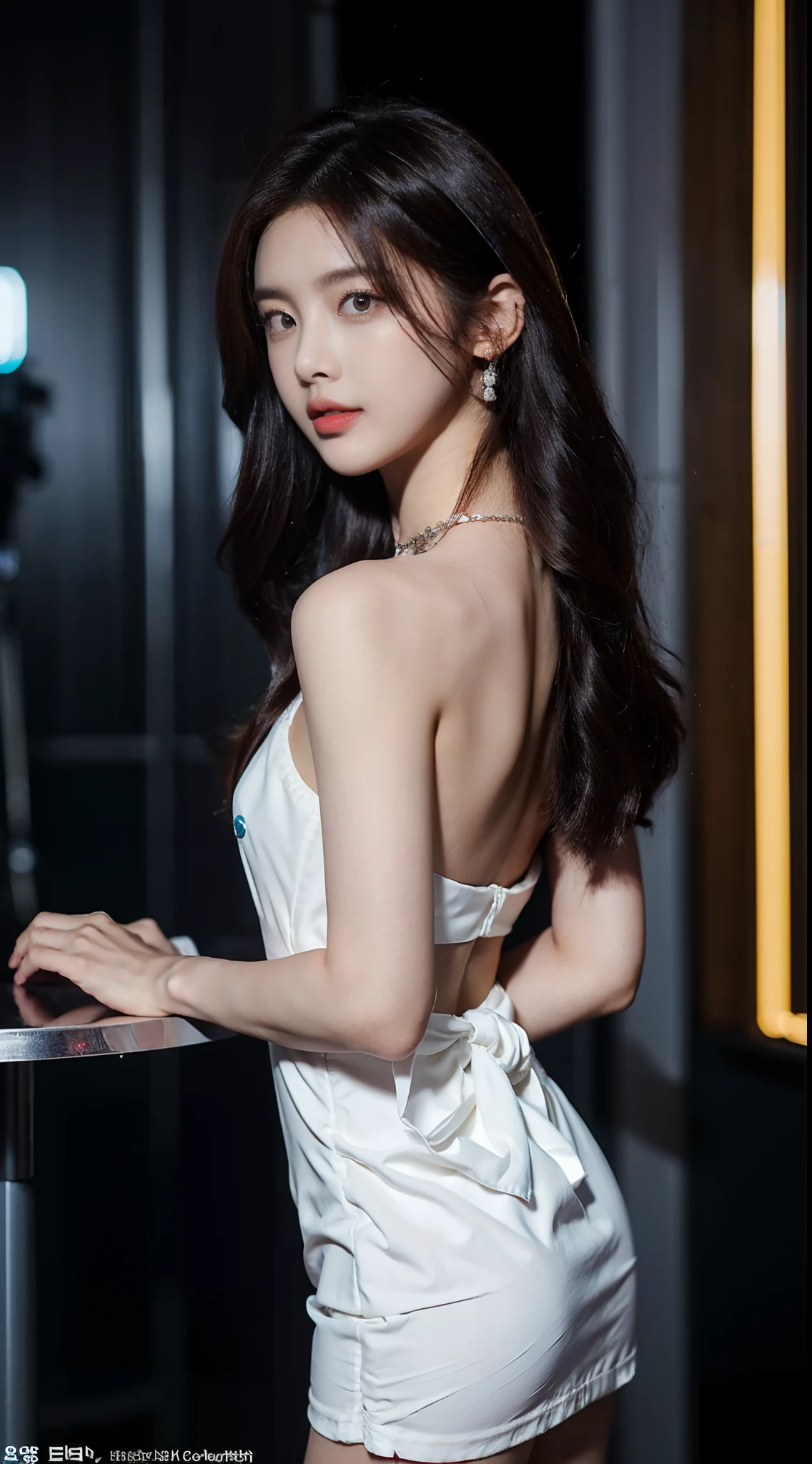 ((top quality、8k、Masterpiece:1.3))、Extremely delicate and beautiful girl,full-body shot,huge breasts,bigger breasts,amazing breast size,G cup,Sunset,sunset,white snow。Wear big earrings,Very white skin,moist red lips,Waist is very thin,Thighs are very thin,big butt,Reveal a little,fair and smooth skin,Smooth and fair skin,flawless skin,Fair and shiny skin,cold white skin,The camera focuses on the chest,Bright light,White tube top dress,bare shoulders,white hair,hair is white