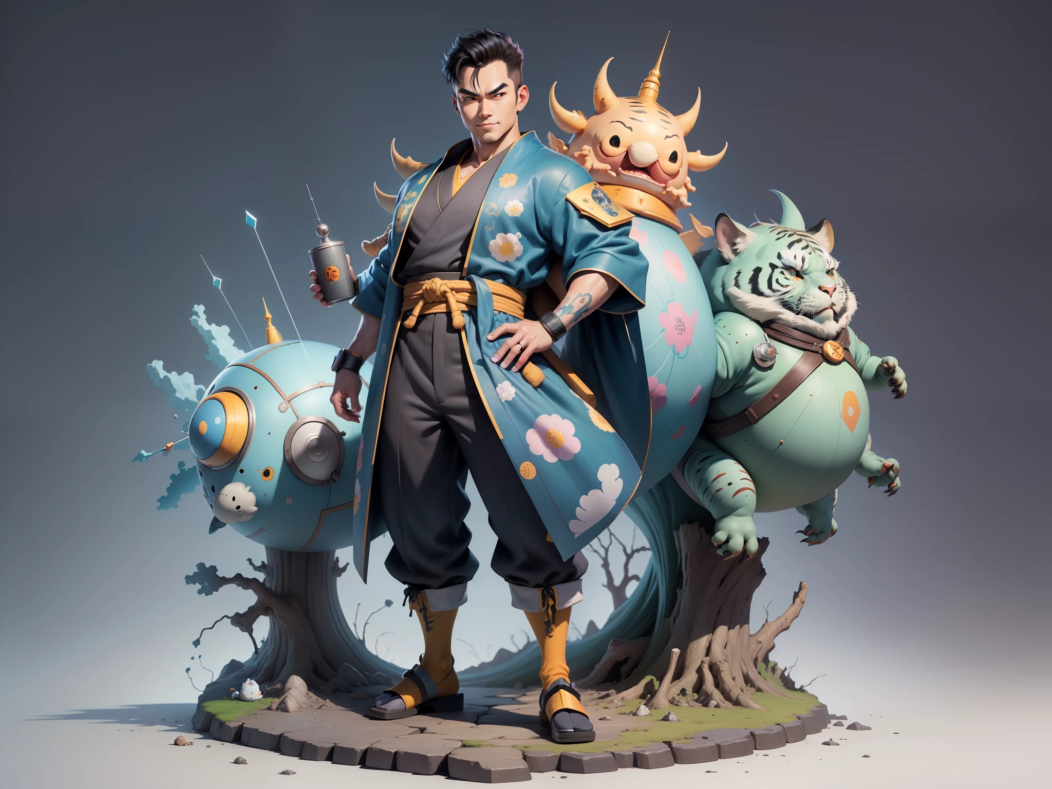 (Masterpiece), (Excellent), (Super Meticulous), (Full Body: 1.2), Super Young Man, Oriental Face, Japanese Kimono, Japanese Wind Thunder God, Dragon, Tiger, TV Anchor, Bust Portrait Illustration, Alone, Black Suit, Blue Tie, Slightly Chubby Face, Very Clean Face, No Beard, Black Super Short Hair, Black Eyes, Confident Smile, 3c Computer Sub-Products, iPad, iPhone, Digital Painting, 3D Character Design by Akira Toriyama and Mark Claireden and Pixar and Hayao Miyazaki, The illustration is a high-definition illustration in 4K resolution with very detailed facial features and cartoon-style visuals.