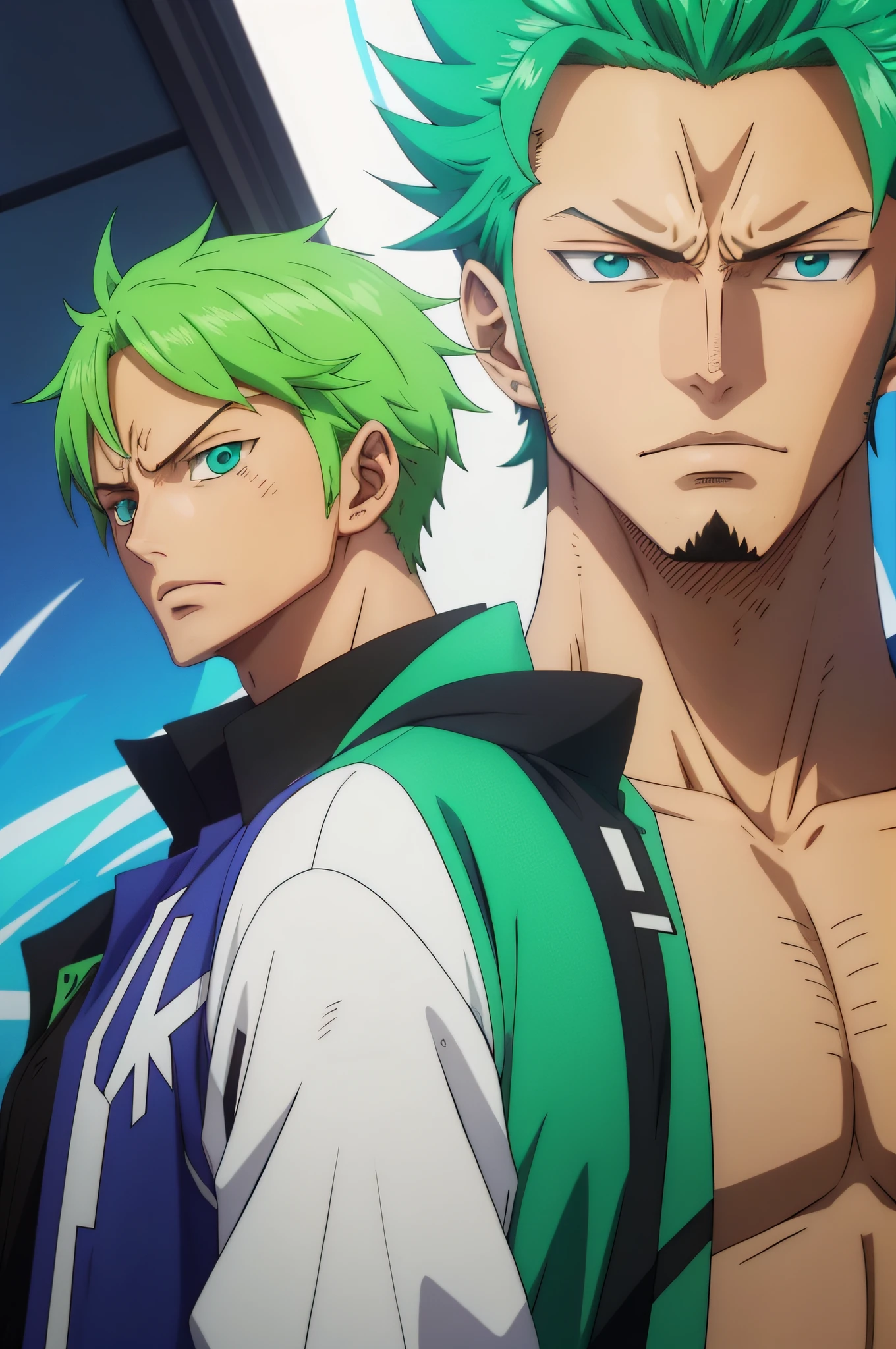 Anime characters with green hair and blue eyes and black jacket, Tall anime guy with blue eyes, 。, young anime man, male anime character, trigger anime artstyle, Anime portrait of a handsome man,, anime moe art style, , Anime handsome man
