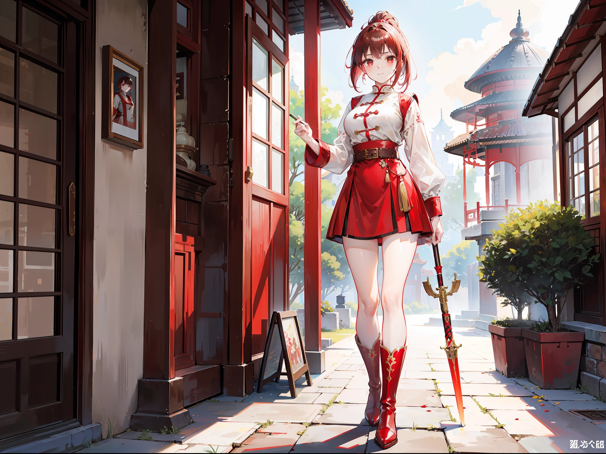 Brunette beauty。High ponytail，red hair clips，short detailed hair，Extremely tall，Wear red and white antique practice clothes，Valkyrie，Brown belt，Brown boots，Red spear in hand，Standing in the antique courtyard，A bright smile，red pupils，Bare legged，Best quality at best，tmasterpiece，China-style，