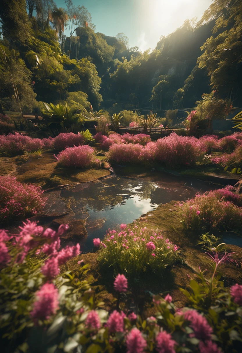 Natural garden environment floor in forest with clear sky and river passing in the background