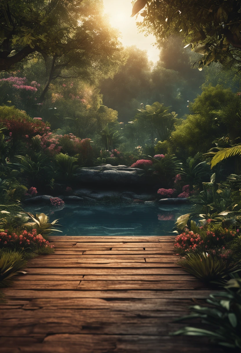 Natural garden environment floor in forest with clear sky and river passing in the background
