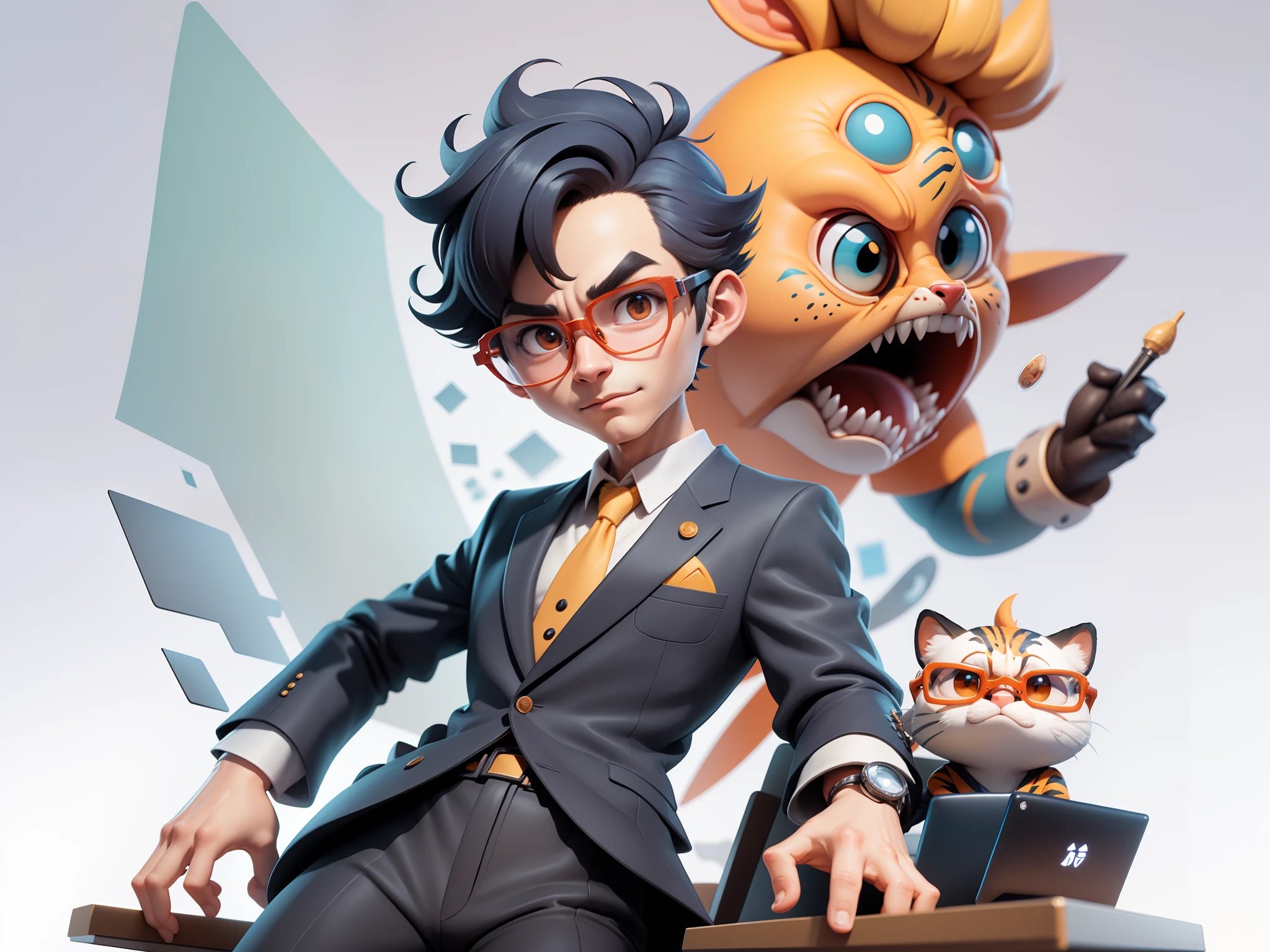 A young man in a suit, Short hair and glasses sat at his desk，holding laptop，digitial painting，tigre，3D character design by Mark Clairen and Pixar and Hayao Miyazaki and Akira Toriyama，4K HD illustration，Very detailed facial features and cartoon-style visuals。