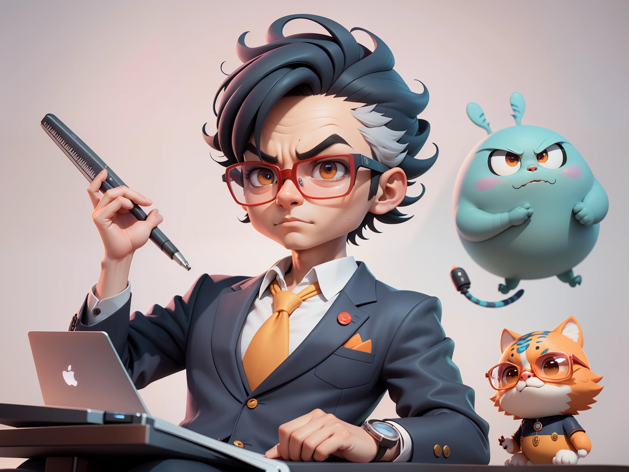 A young man in a suit, Short hair and glasses sat at his desk，holding laptop，digitial painting，tigre，3D character design by Mark Clairen and Pixar and Hayao Miyazaki and Akira Toriyama，4K HD illustration，Very detailed facial features and cartoon-style visuals。