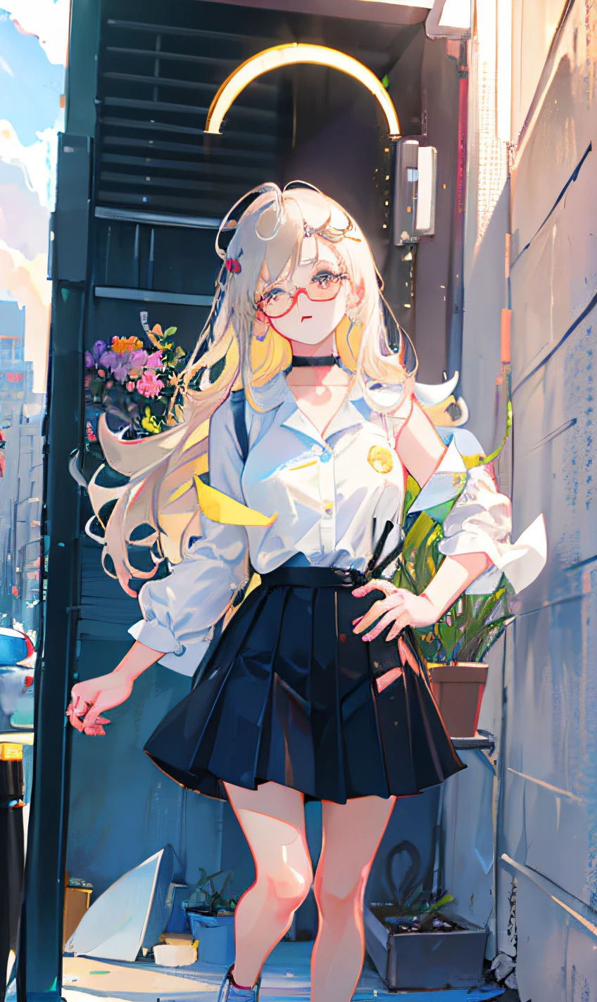 best quality, ultra high res, (photorealistic:1.4), 1woman, sleeveless white button shirt, black skirt, black choker, ((glasses)), (Kpop idol), (aegyo sal:1), (platinum blonde grey hair:1), ((puffy eyes)), looking at viewer, full body, flowers